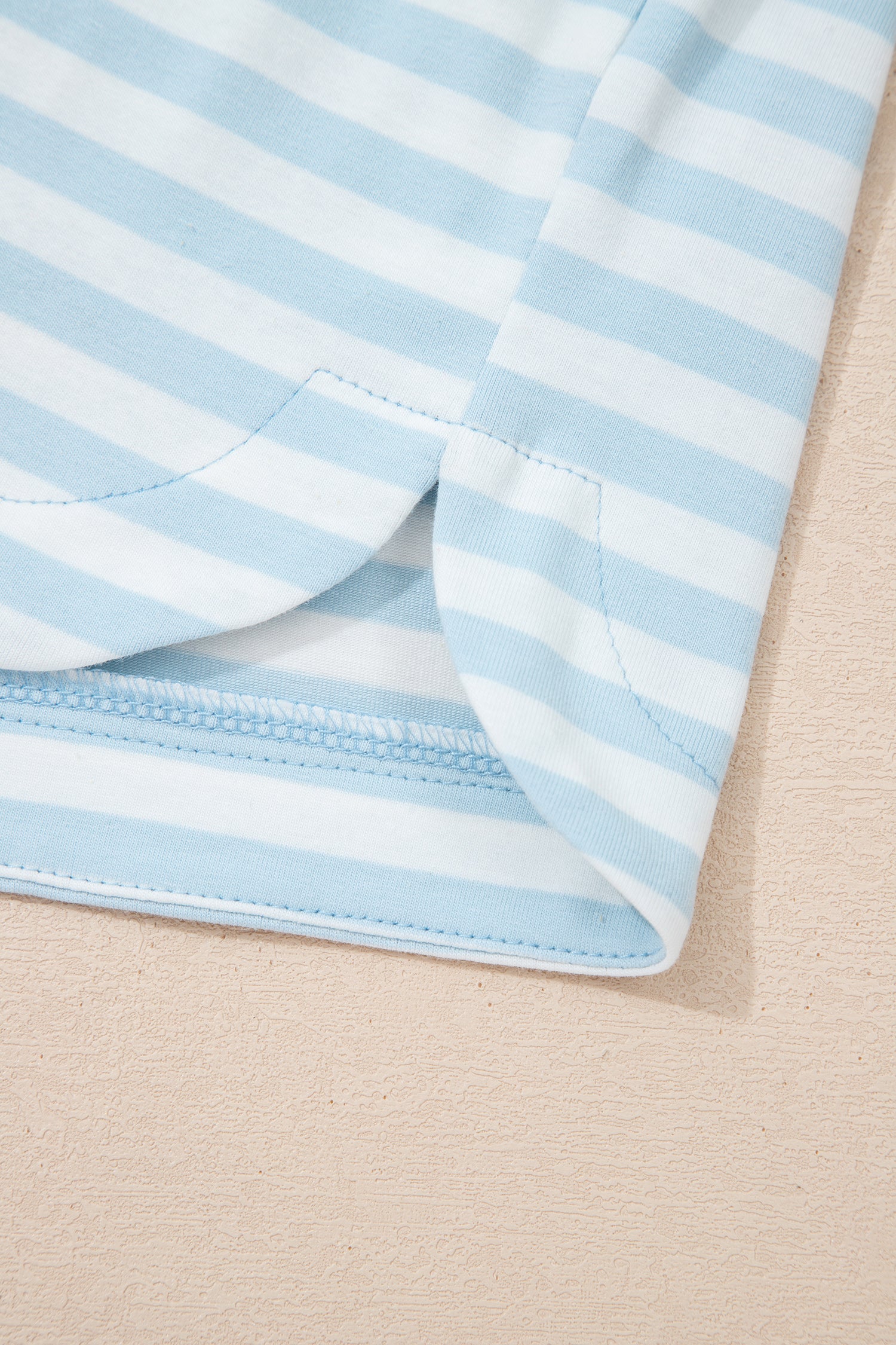 Sky Blue Stripe Contrast Neck Loose Tee and Drawstring Shorts Set-Two Piece Sets/Short Sets-[Adult]-[Female]-2022 Online Blue Zone Planet