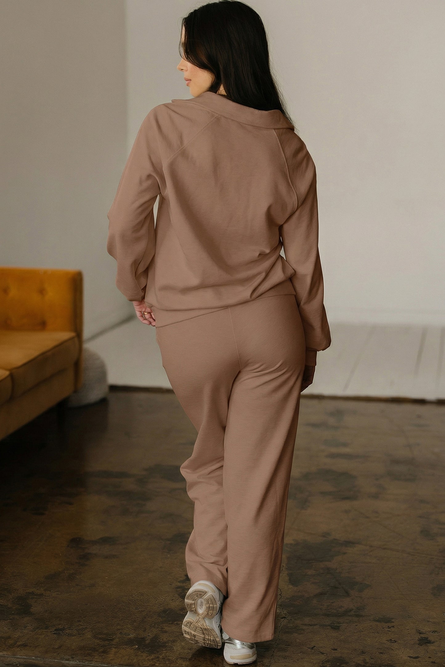 Dark Khaki Polo Collar V Neck Pullover and Drawstring Sweatpants Set-Two Piece Sets/Pant Sets-[Adult]-[Female]-2022 Online Blue Zone Planet