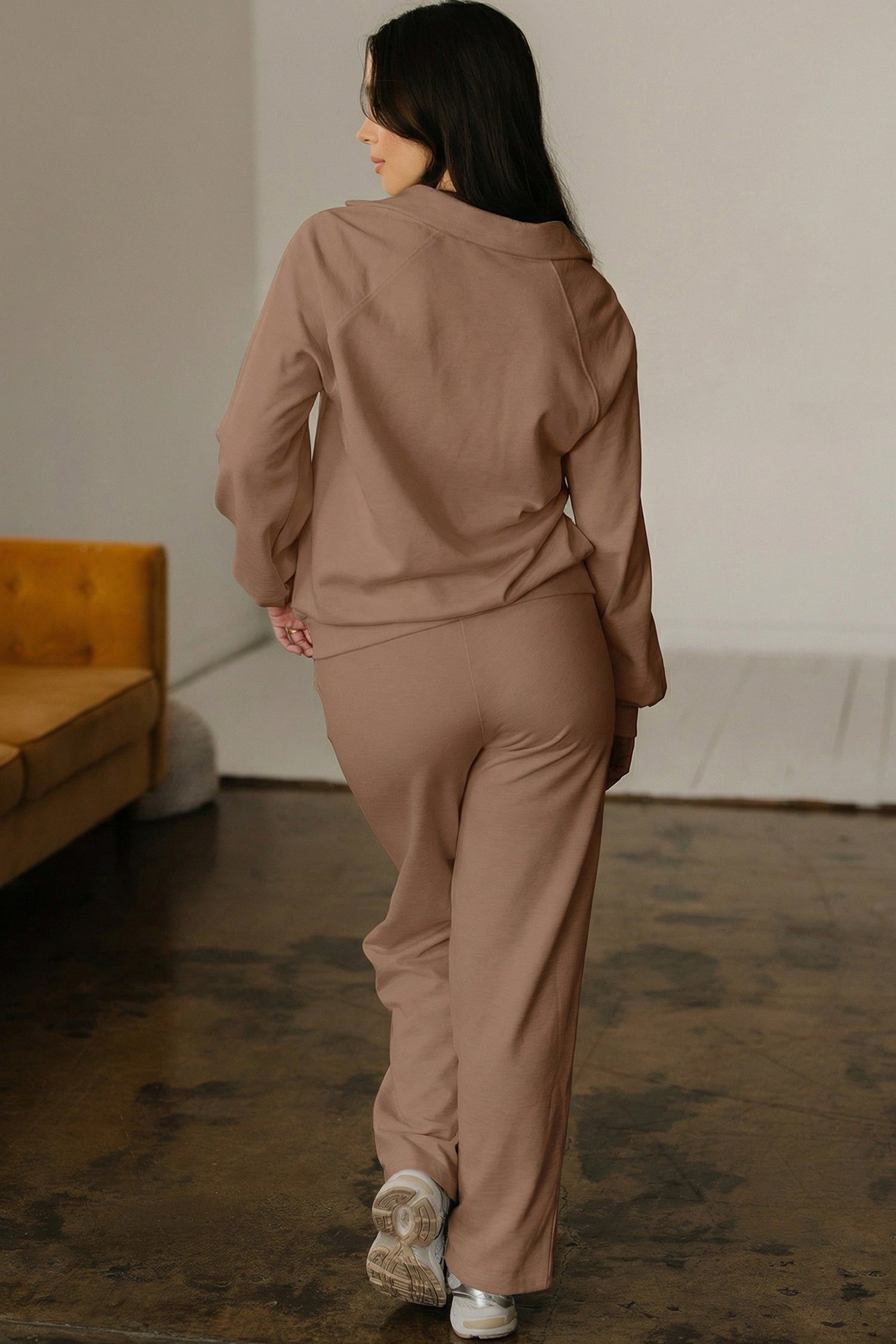 Dark Khaki Polo Collar V Neck Pullover and Drawstring Sweatpants Set-Two Piece Sets/Pant Sets-[Adult]-[Female]-2022 Online Blue Zone Planet