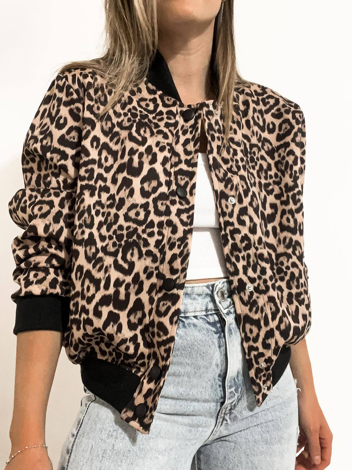 Pocketed Snap Down Baseball Collar Jacket-TOPS / DRESSES-[Adult]-[Female]-Leopard-S-2022 Online Blue Zone Planet