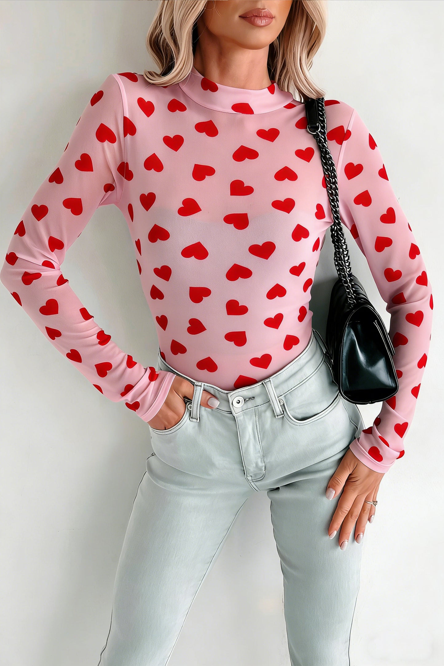 Pink Valentines Heart Printed Sheer Mesh Long Sleeve Top-Pre Order Tops-[Adult]-[Female]-2022 Online Blue Zone Planet