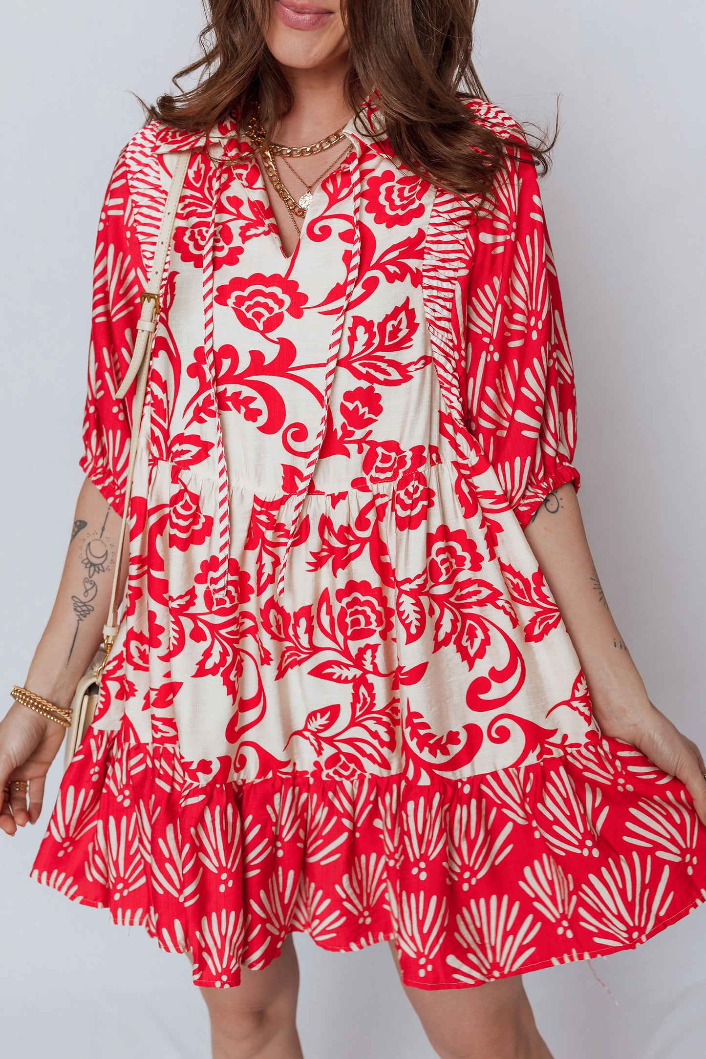 Red Collared V Neck Half Sleeve Loose Flower Mini Dress-TOPS / DRESSES-[Adult]-[Female]-2022 Online Blue Zone Planet