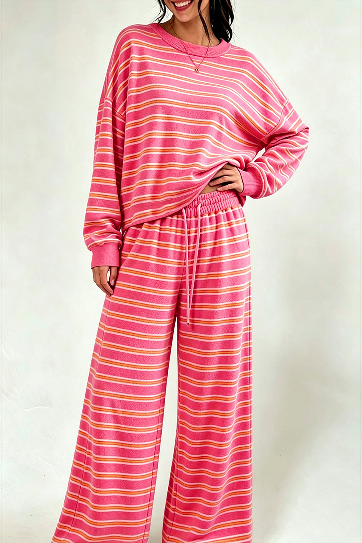 Brown Stripe Back Cutout Long Sleeve Top and Wide Leg Pants 2pcs Set-Two Piece Sets/Pant Sets-[Adult]-[Female]-2022 Online Blue Zone Planet