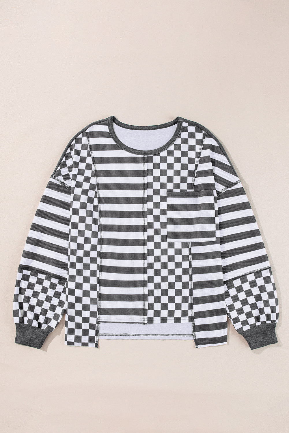 Dark Grey Checkerboard Striped Patchwork Lantern Sleeve Pocketed Blouse-Tops/Long Sleeve Tops-[Adult]-[Female]-2022 Online Blue Zone Planet