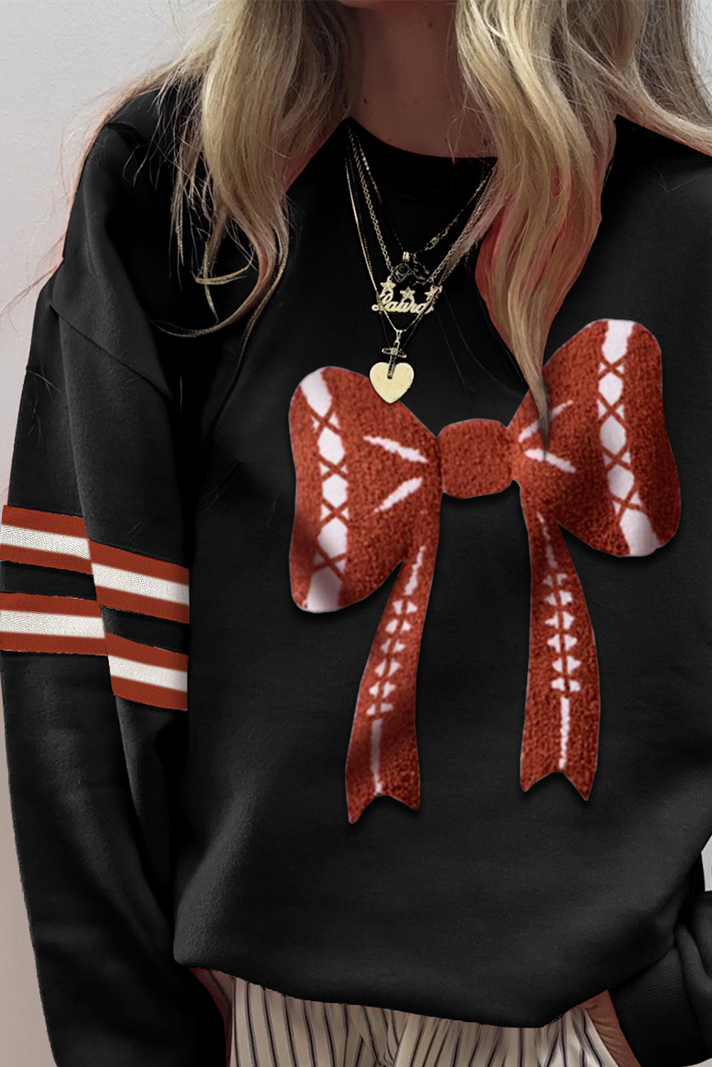 Black Varsity Baseball Bow Graphic Striped Sleeve Baggy Sweatshirt-Tops/Sweatshirts & Hoodies-[Adult]-[Female]-2022 Online Blue Zone Planet