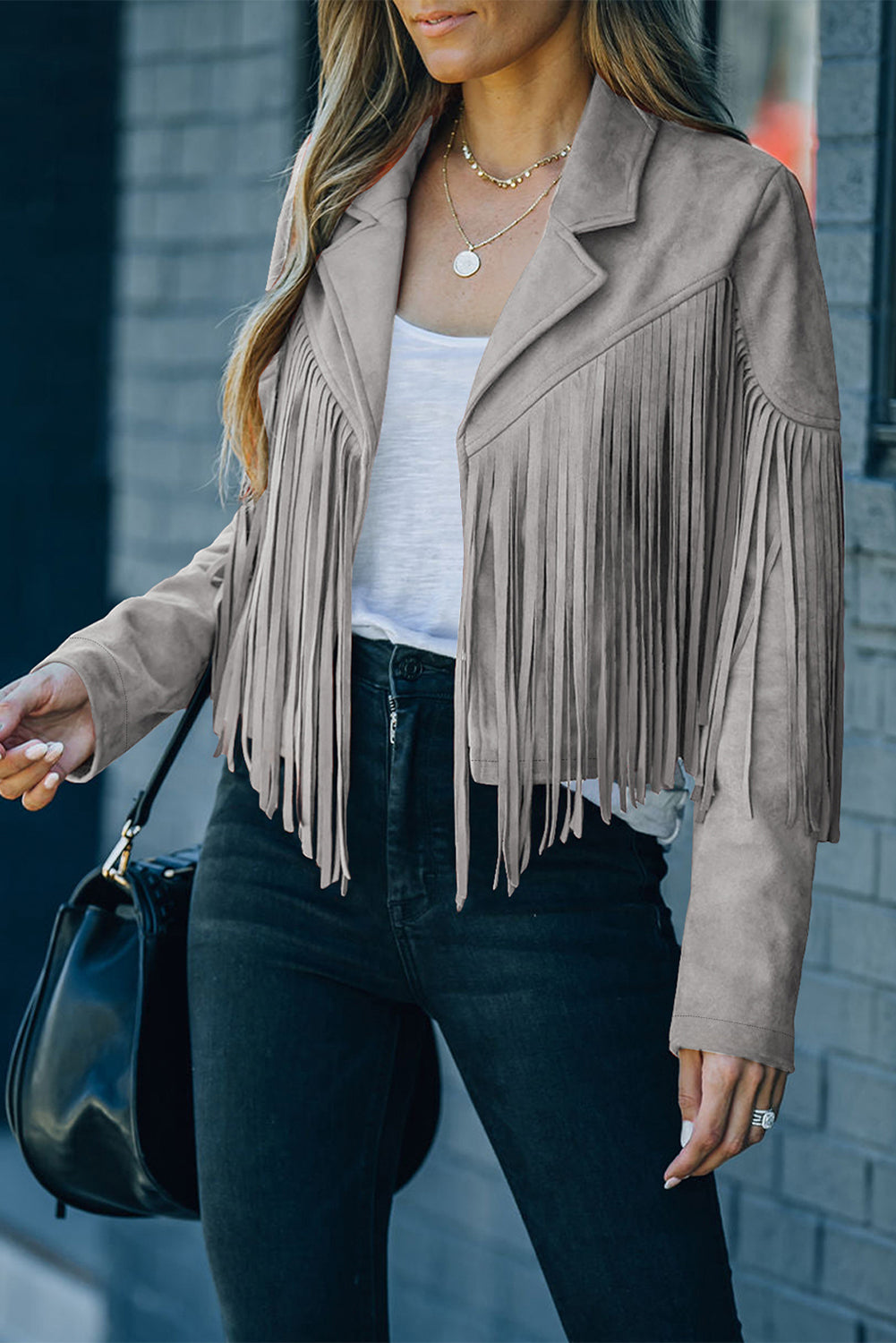 Gray Cropped Fringe Faux Suede Jacket-Outerwear/Jackets-[Adult]-[Female]-Gray-2-S-2022 Online Blue Zone Planet