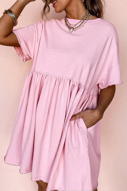 Light Pink Solid Color Pocketed Raw Edge Babydoll Dress-TOPS / DRESSES-[Adult]-[Female]-Light Pink-S-2022 Online Blue Zone Planet