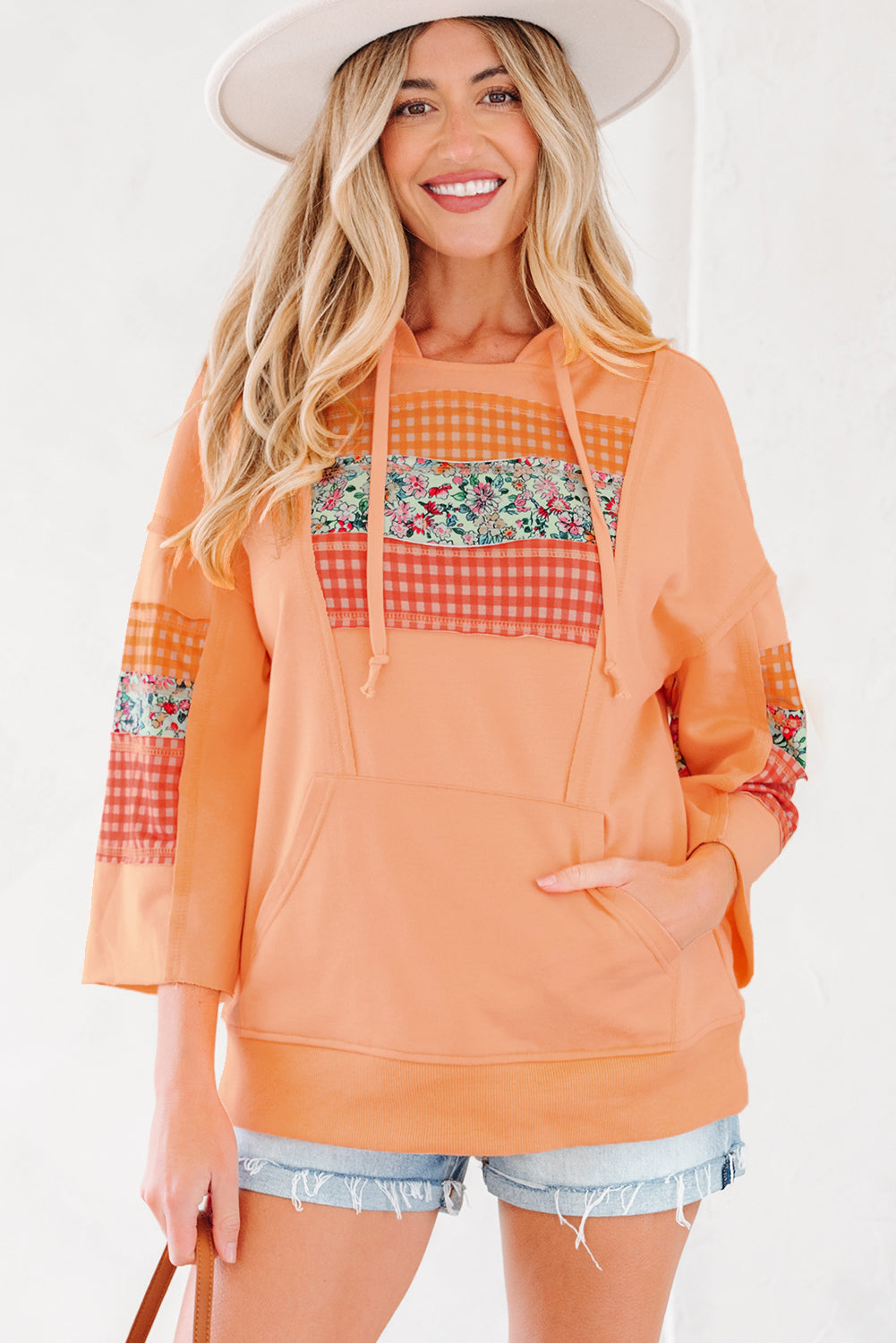 Grapefruit Orange Plaid Floral Patchwork Kangaroo Pocket Hooded Long Sleeve Top-Tops / Dresses-[Adult]-[Female]-2022 Online Blue Zone Planet