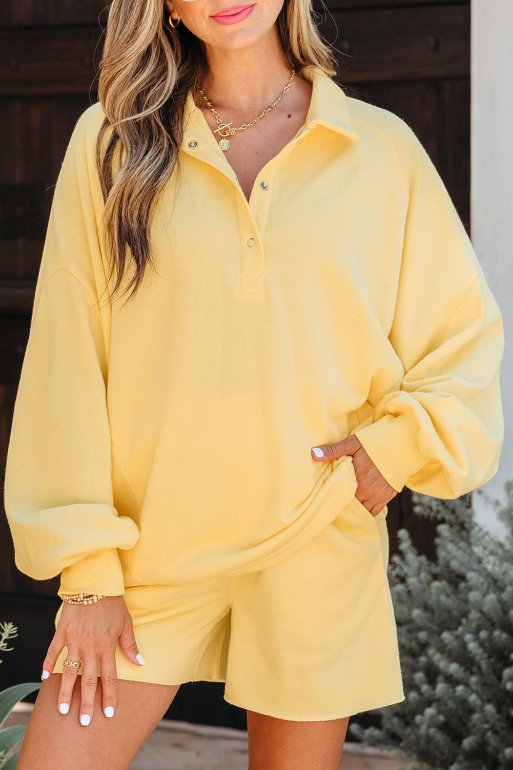 Yellow Cream Button Collar Drop Shoulder Pullover and Shorts 2pcs Outfit-Two Piece Sets/Short Sets-[Adult]-[Female]-2022 Online Blue Zone Planet