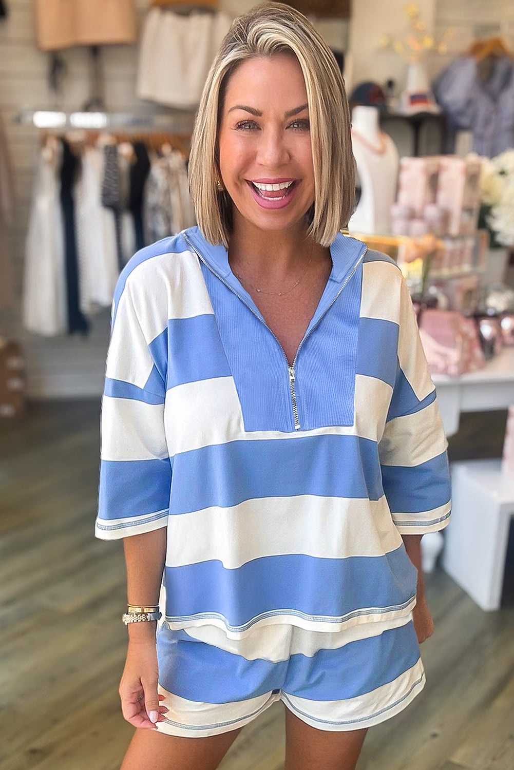 Sky Blue Stripe Seam Detail Half Zip Oversize Tee Casual Shorts 2pcs Set-Two Piece Sets/Short Sets-[Adult]-[Female]-2022 Online Blue Zone Planet