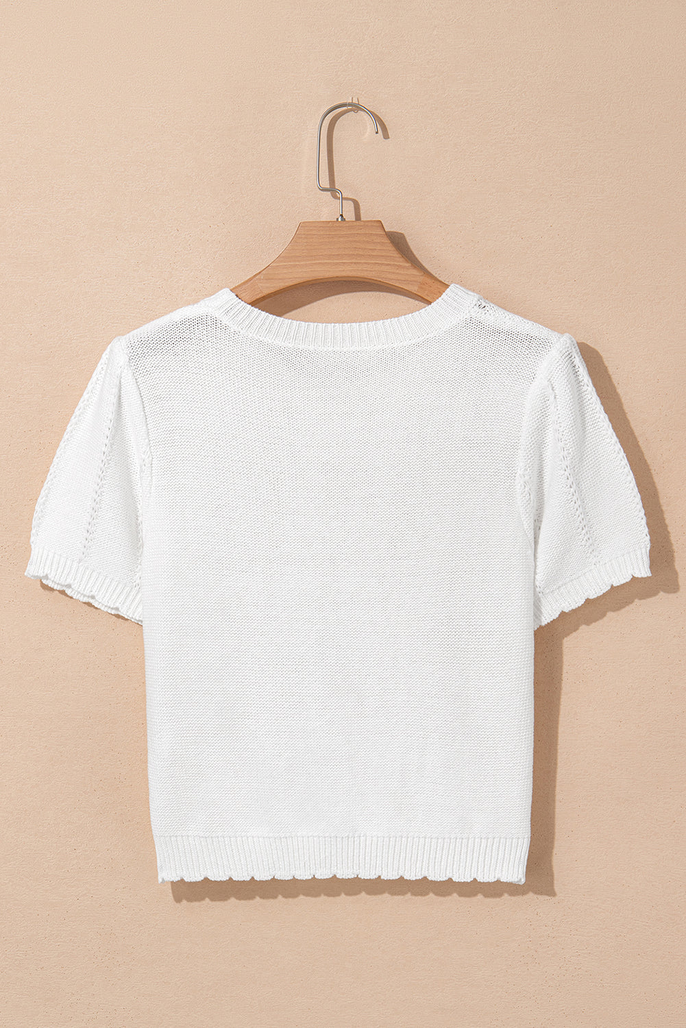 White Pointelle Knit Short Puff Sleeve Crewneck Sweater-TOPS / DRESSES-[Adult]-[Female]-2022 Online Blue Zone Planet