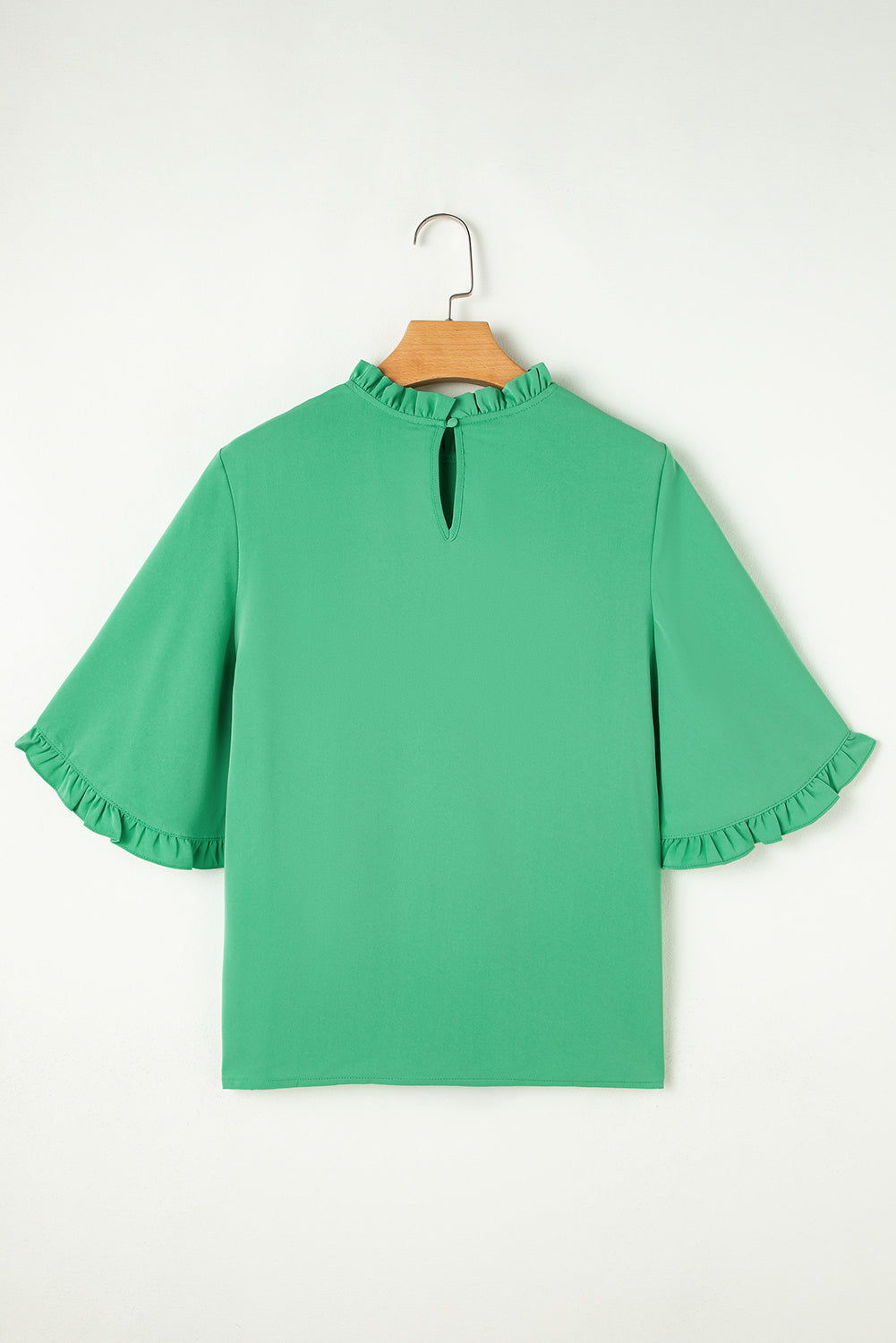 Blue Zone Planet | Green Frilly Round Neck Wide Half Sleeve Blouse-Tops/Blouses & Shirts-[Adult]-[Female]-2022 Online Blue Zone Planet