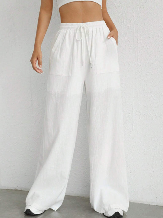 Drawstring Wide Leg Pants-BOTTOMS SIZES SMALL MEDIUM LARGE-[Adult]-[Female]-White-S-2022 Online Blue Zone Planet