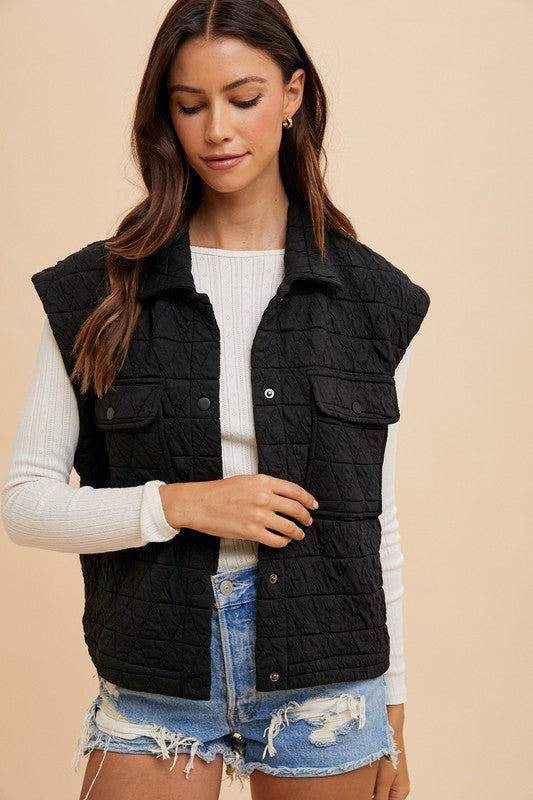 Annie Wear Texture Quilted Snap Down Vest Coat-TOPS / DRESSES-[Adult]-[Female]-Black-S-2022 Online Blue Zone Planet