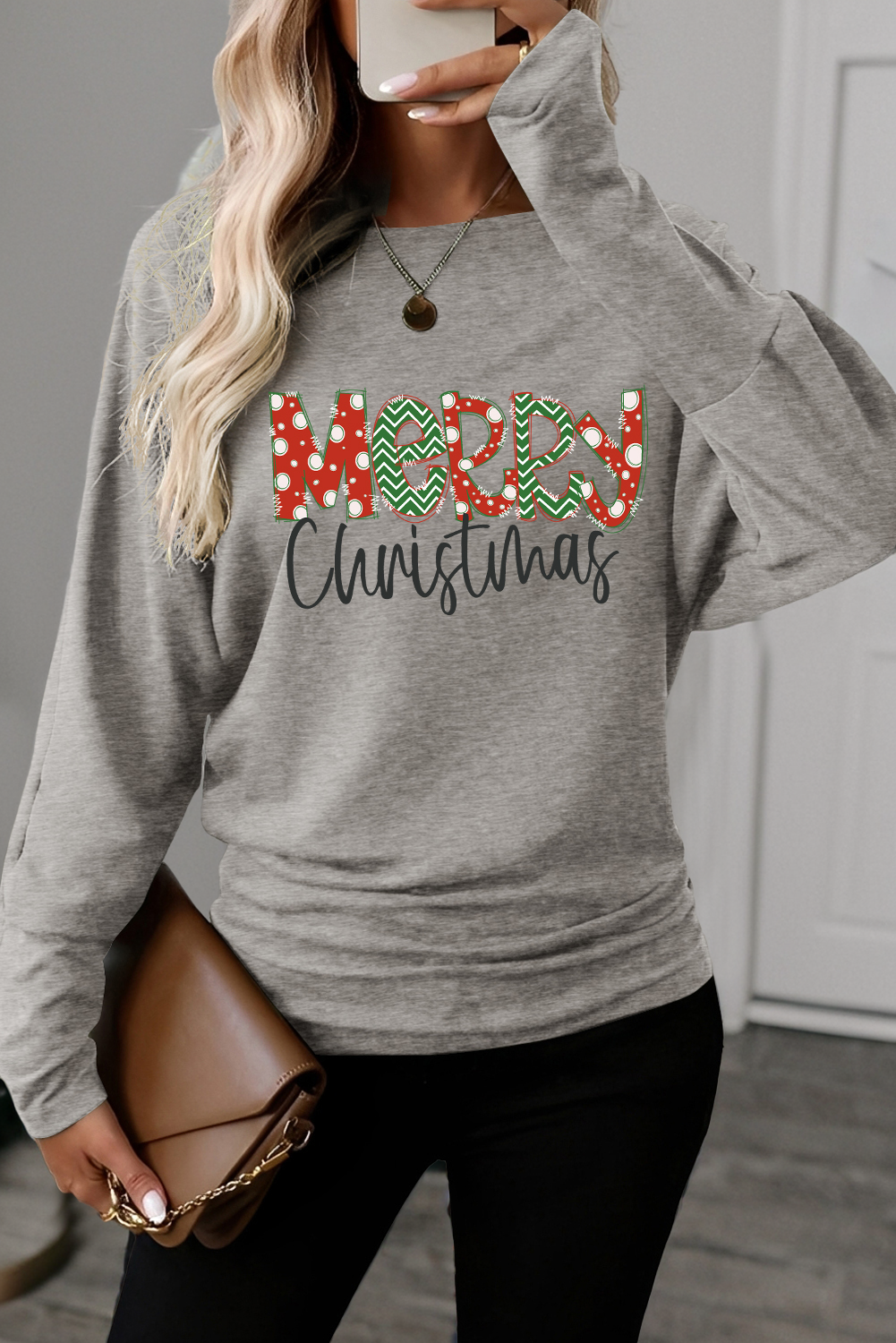 Light Grey Merry Christmas Graphic Extended Cuffs Dolman Long Sleeve Top-Graphic/Graphic Long Sleeve Tees-[Adult]-[Female]-Light Grey-S-2022 Online Blue Zone Planet