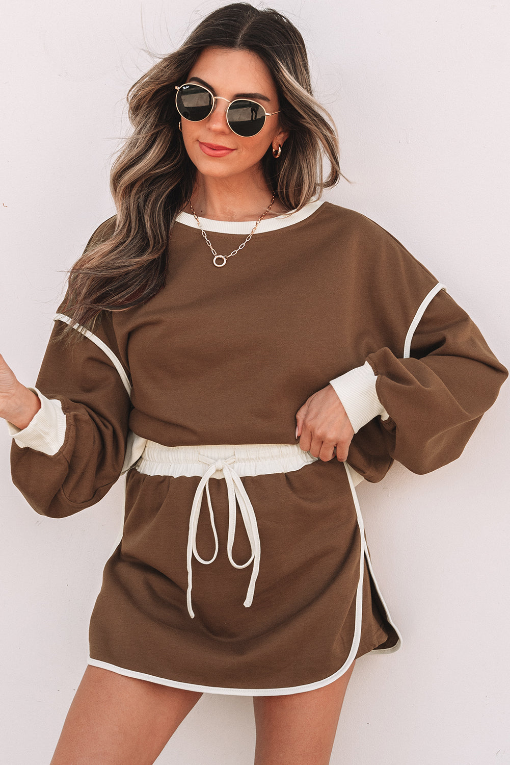 Blue Zone Planet | Rose Red Color Contrast Loose Pullover And Lace-Up Waist Skort Set-Two Piece Sets/Two Piece Dresses-[Adult]-[Female]-2022 Online Blue Zone Planet