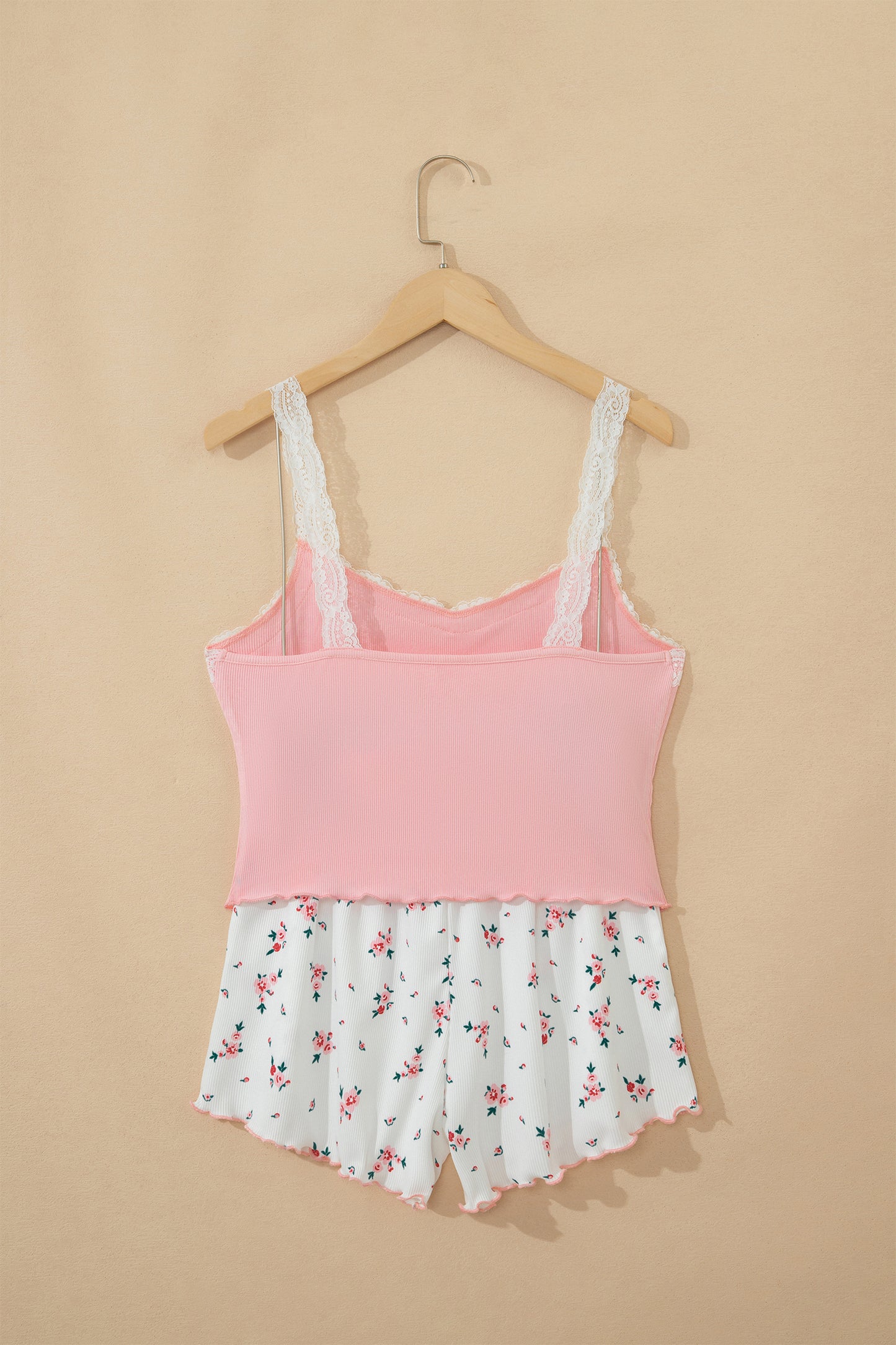 Pink Ribbed Knit Lace Straps Patchwork Lettuce Hem Cropped Top Floral Short Lounge Set-Loungewear & Sleepwear/Loungewear-[Adult]-[Female]-2022 Online Blue Zone Planet