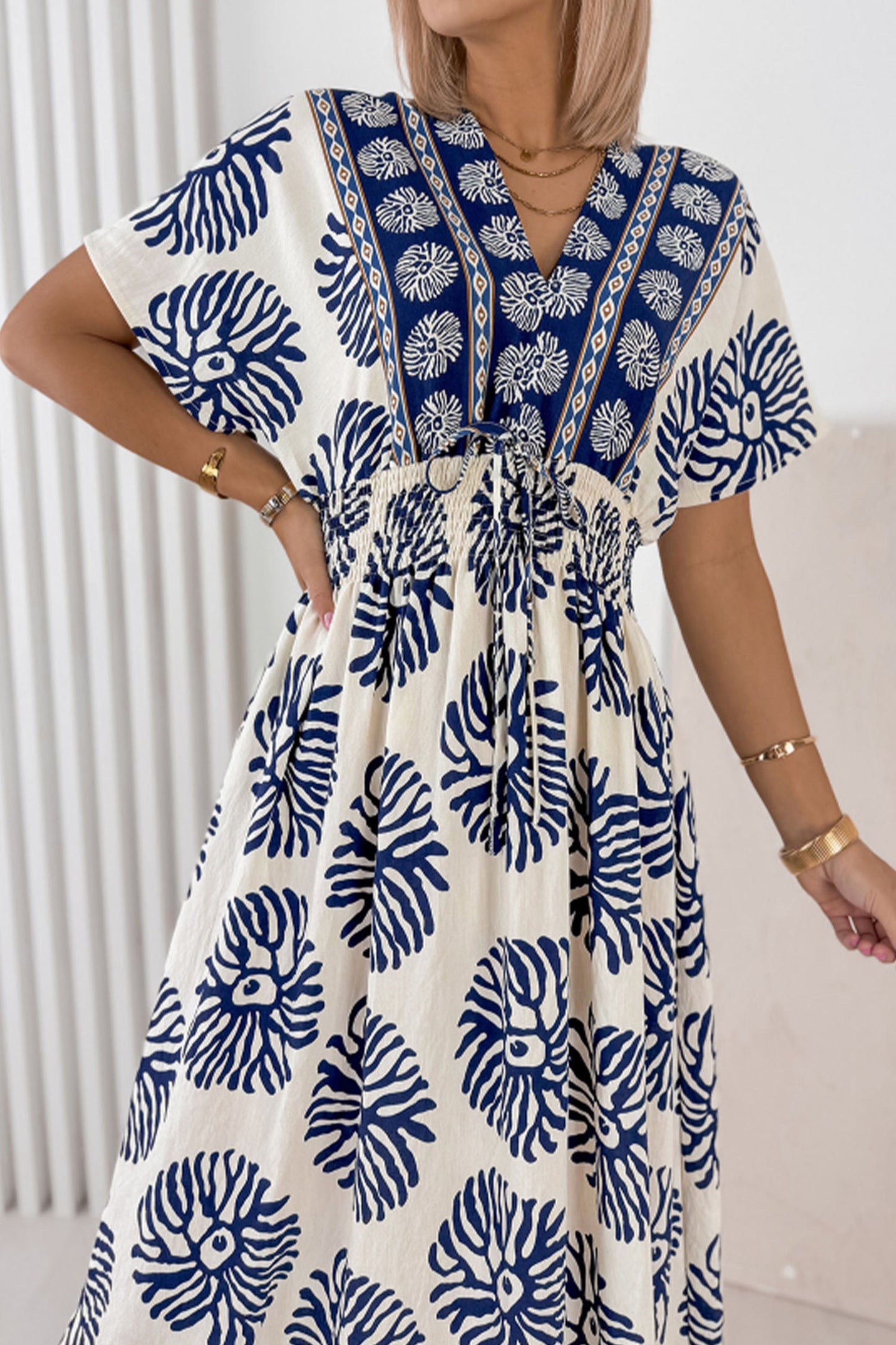Blue Boho Floral Print Contrast Patchwork V Neck Dolman Maxi Dress-TOPS / DRESSES-[Adult]-[Female]-2022 Online Blue Zone Planet