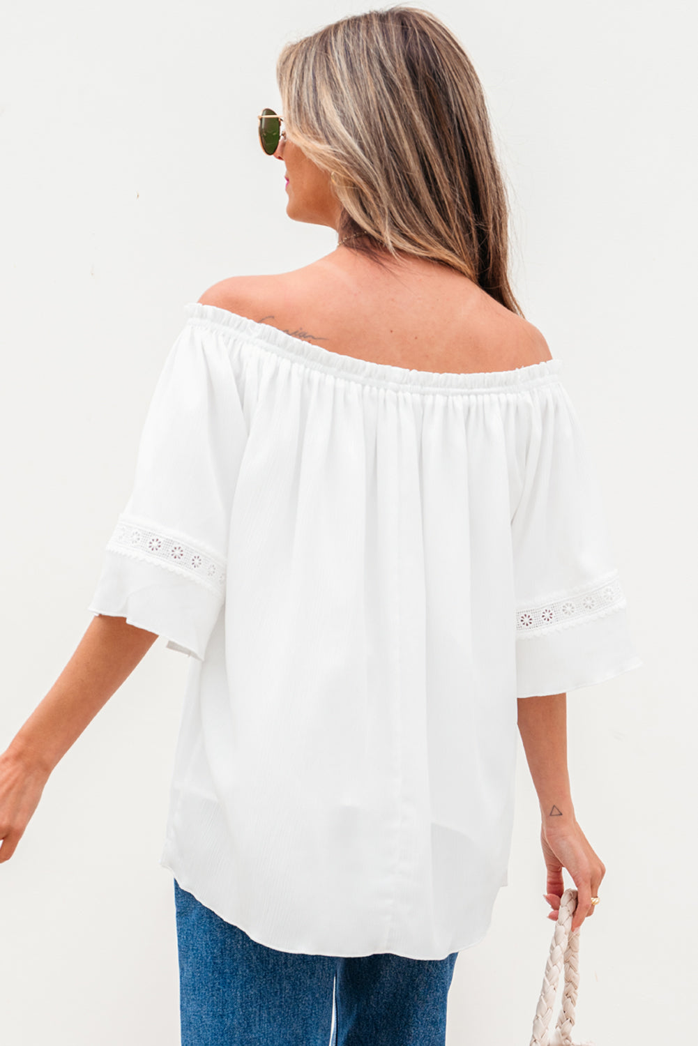 White Frilly Off Shoulder Lace Insert Sleeve Textured Blouse-Tops/Blouses & Shirts-[Adult]-[Female]-2022 Online Blue Zone Planet