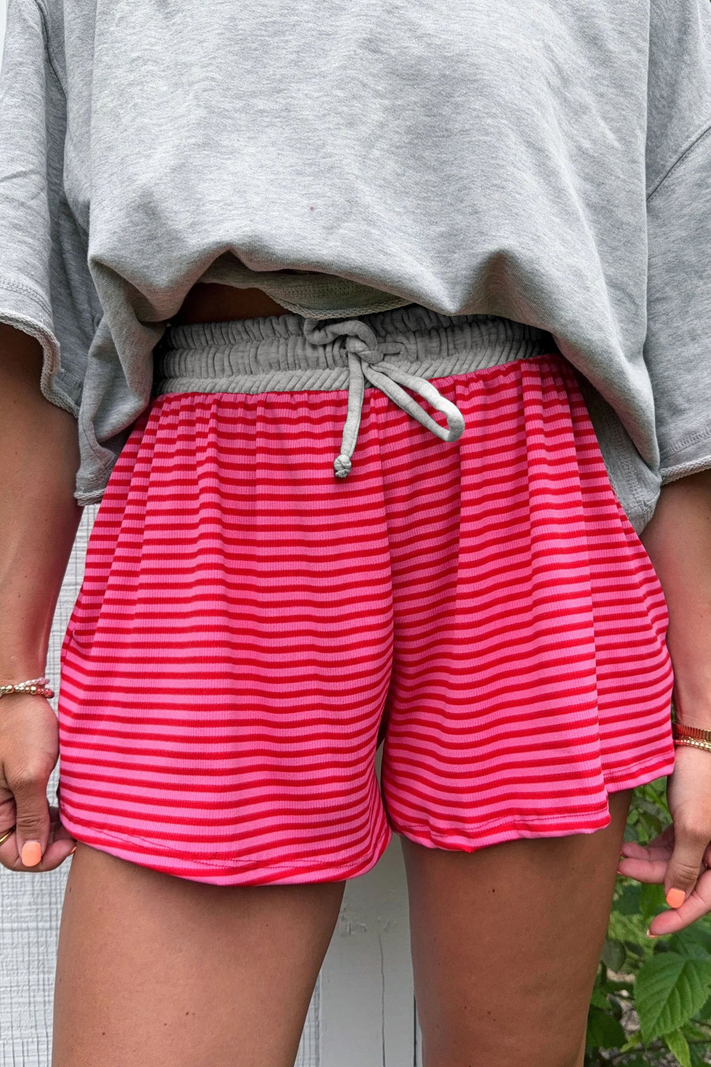 Rose Stripe Contrast Elastic Waist Casual Ribbed Shorts-Bottoms/Casual Shorts-[Adult]-[Female]-2022 Online Blue Zone Planet