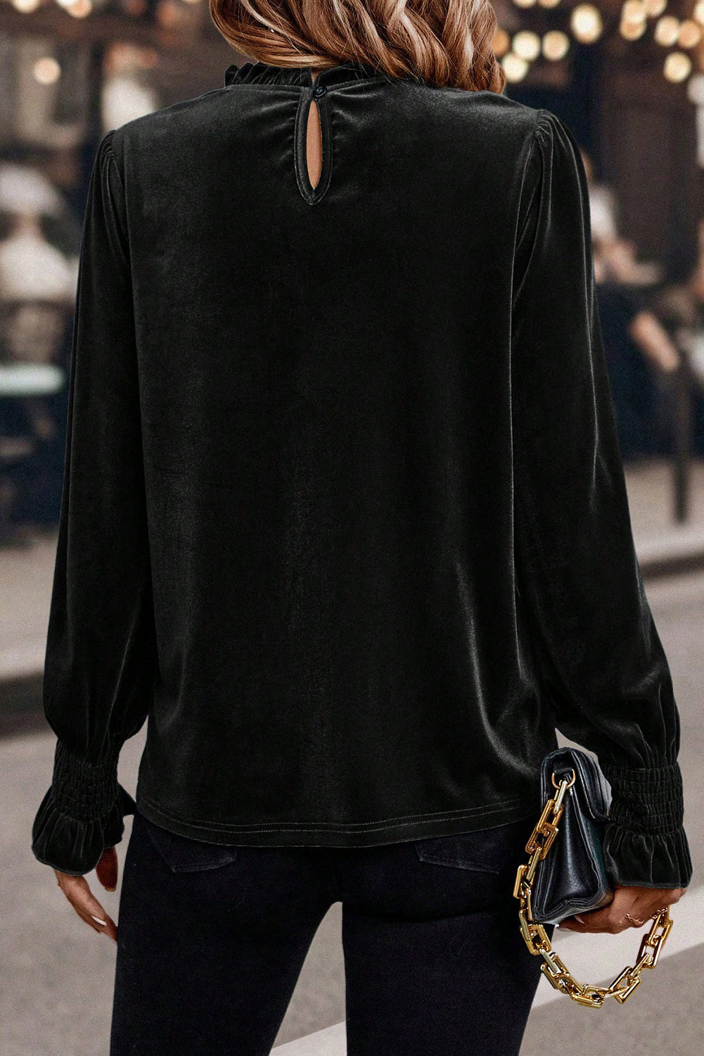 Black Frilled Collared Smocked Cuffs Puff Sleeve Velvet Blouse-Tops/Blouses & Shirts-[Adult]-[Female]-2022 Online Blue Zone Planet