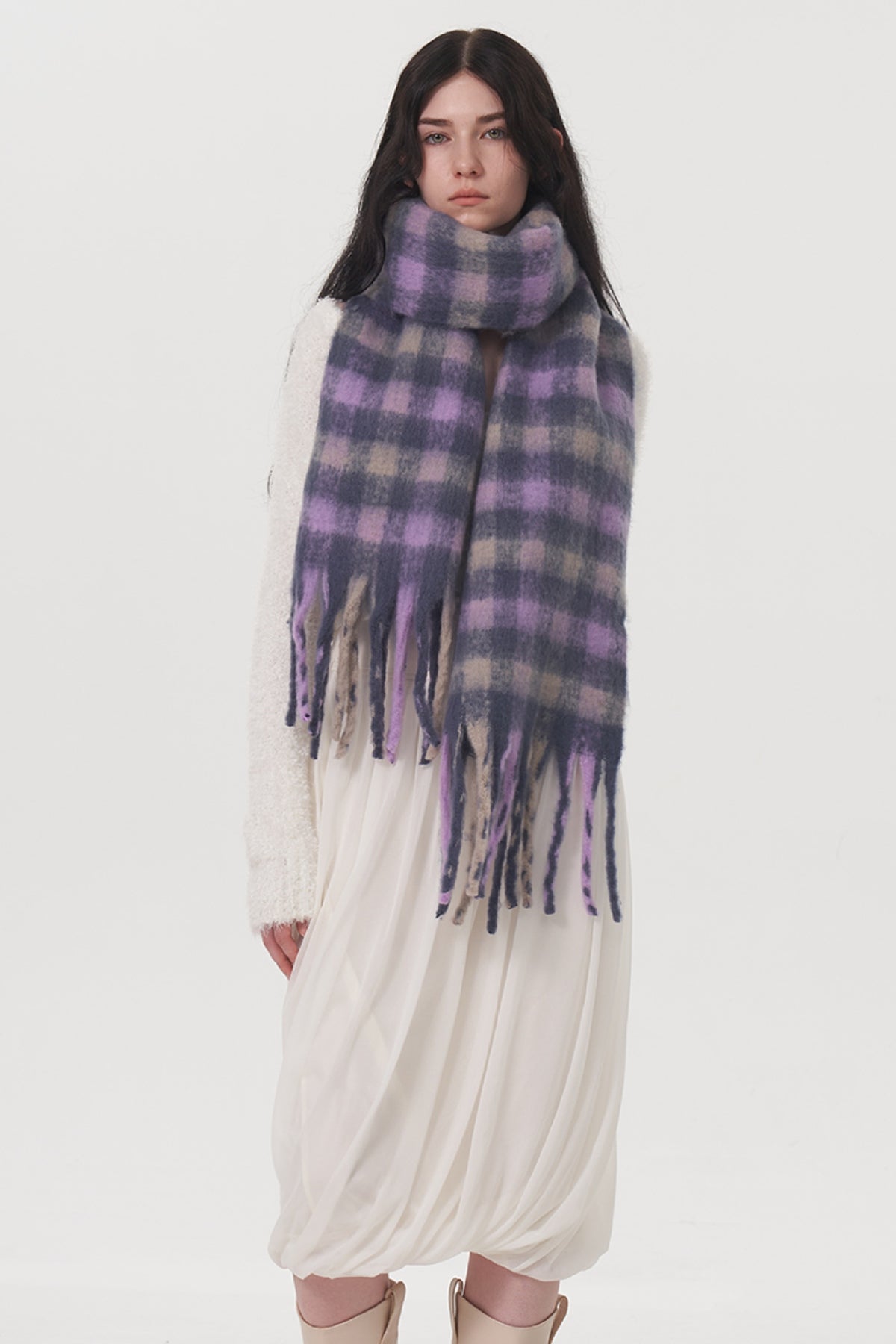 Fringe Plaid Polyester Scarf-SCARVES-[Adult]-[Female]-Lilac-One Size-2022 Online Blue Zone Planet