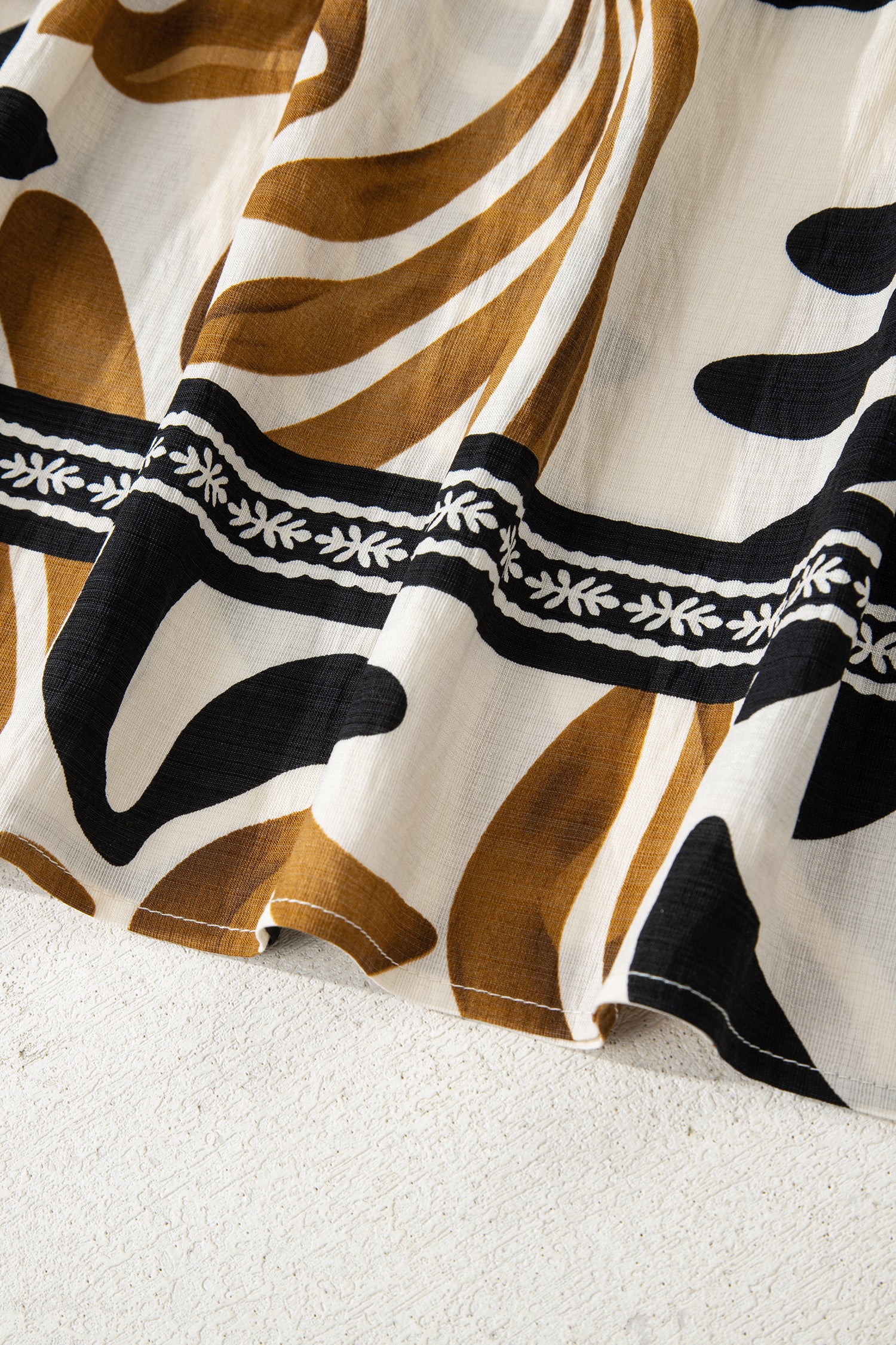 Brown Tropical Printed Contrast Trim Neck Long Sleeve Ruffle Hem Dress-TOPS / DRESSES-[Adult]-[Female]-2022 Online Blue Zone Planet