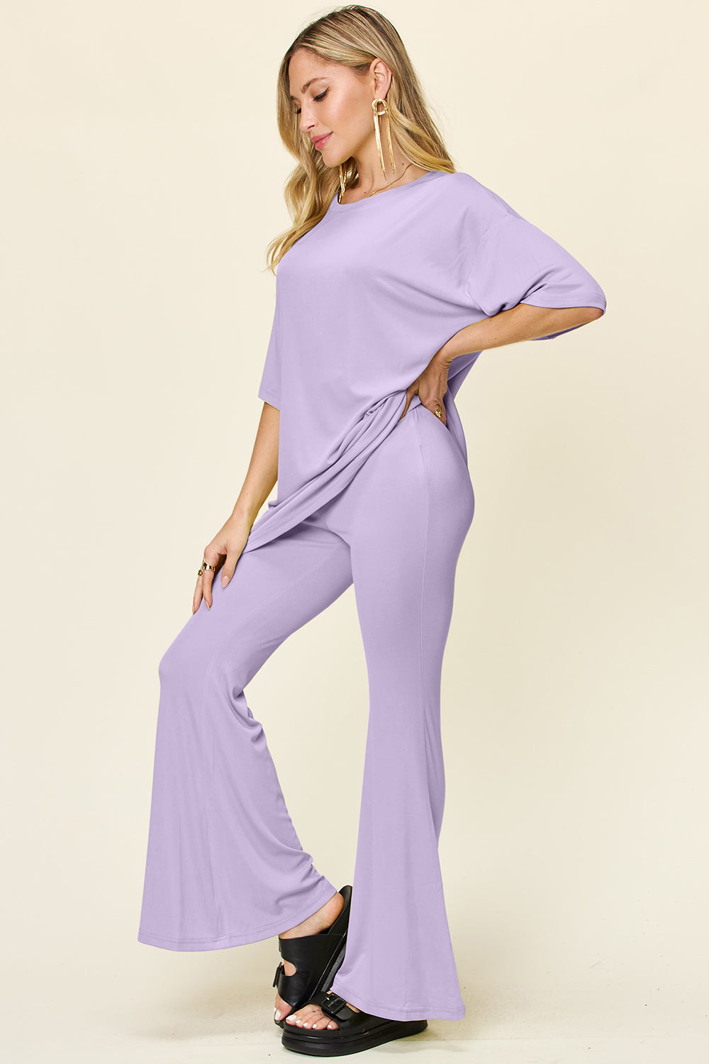 Blue Zone Planet | Double Take Full Size Round Neck Drop Shoulder T-Shirt and Flare Pants Set-TOPS / DRESSES-[Adult]-[Female]-2022 Online Blue Zone Planet