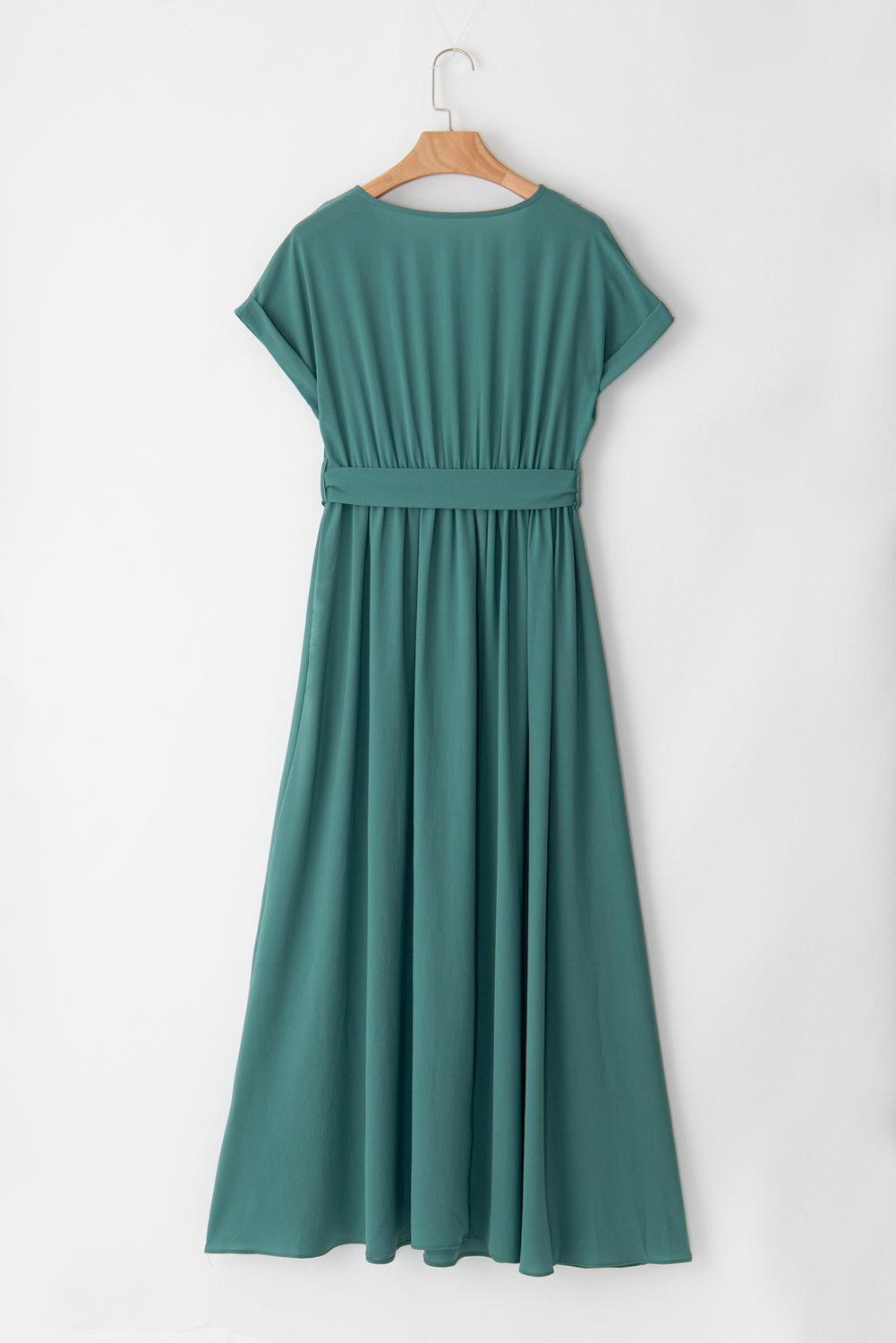 Blue Zone Planet | Blackish Green Solid Color V Neck Wrap Pleated Short Sleeve Maxi Dress-TOPS / DRESSES-[Adult]-[Female]-2022 Online Blue Zone Planet