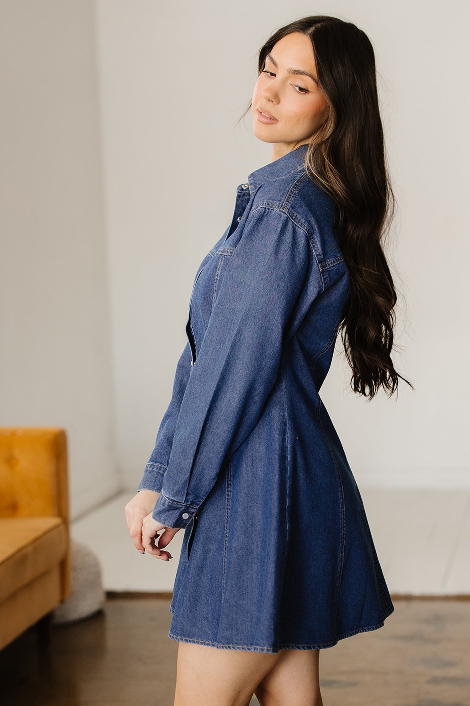Ashleigh Blue Denim Shirt Collar Long Sleeve Flared Mini Dress-TOPS / DRESSES-[Adult]-[Female]-2022 Online Blue Zone Planet