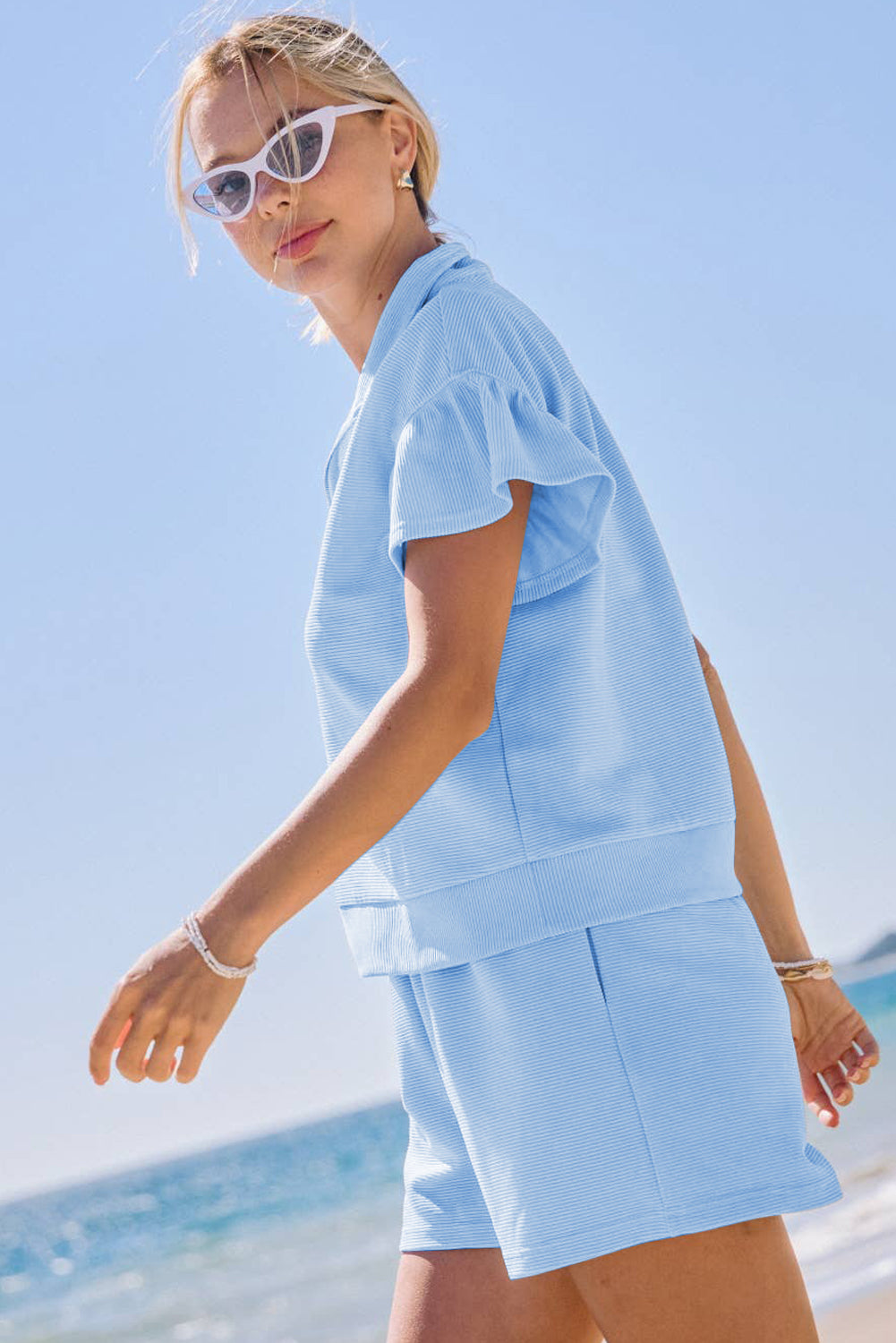 Beau Blue Ribbed Texture Half Zip Ruffled Short Sleeve Top and Shorts Set-Two Piece Sets/Short Sets-[Adult]-[Female]-2022 Online Blue Zone Planet