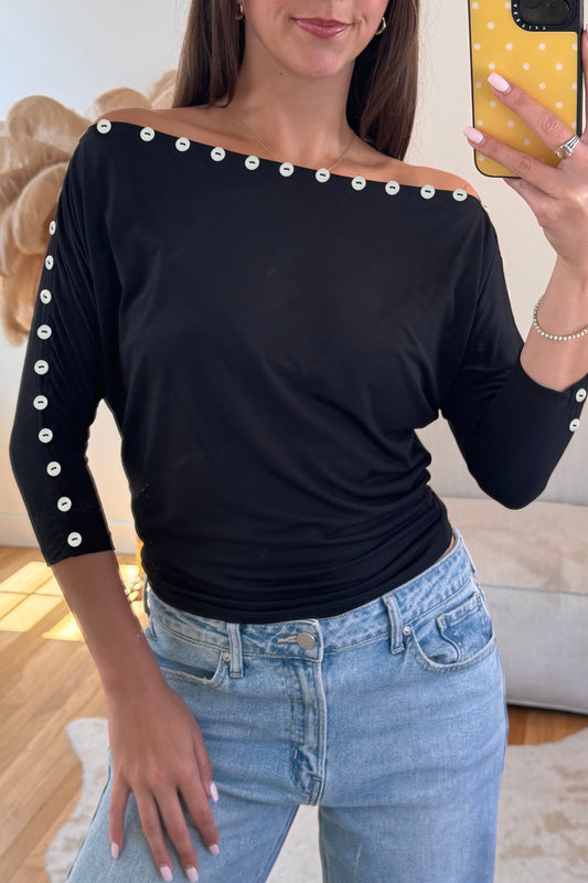 Black 3/4 Sleeve Button Detail Off Shoulder Top-Tops/Tops & Tees-[Adult]-[Female]-Black-S-2022 Online Blue Zone Planet