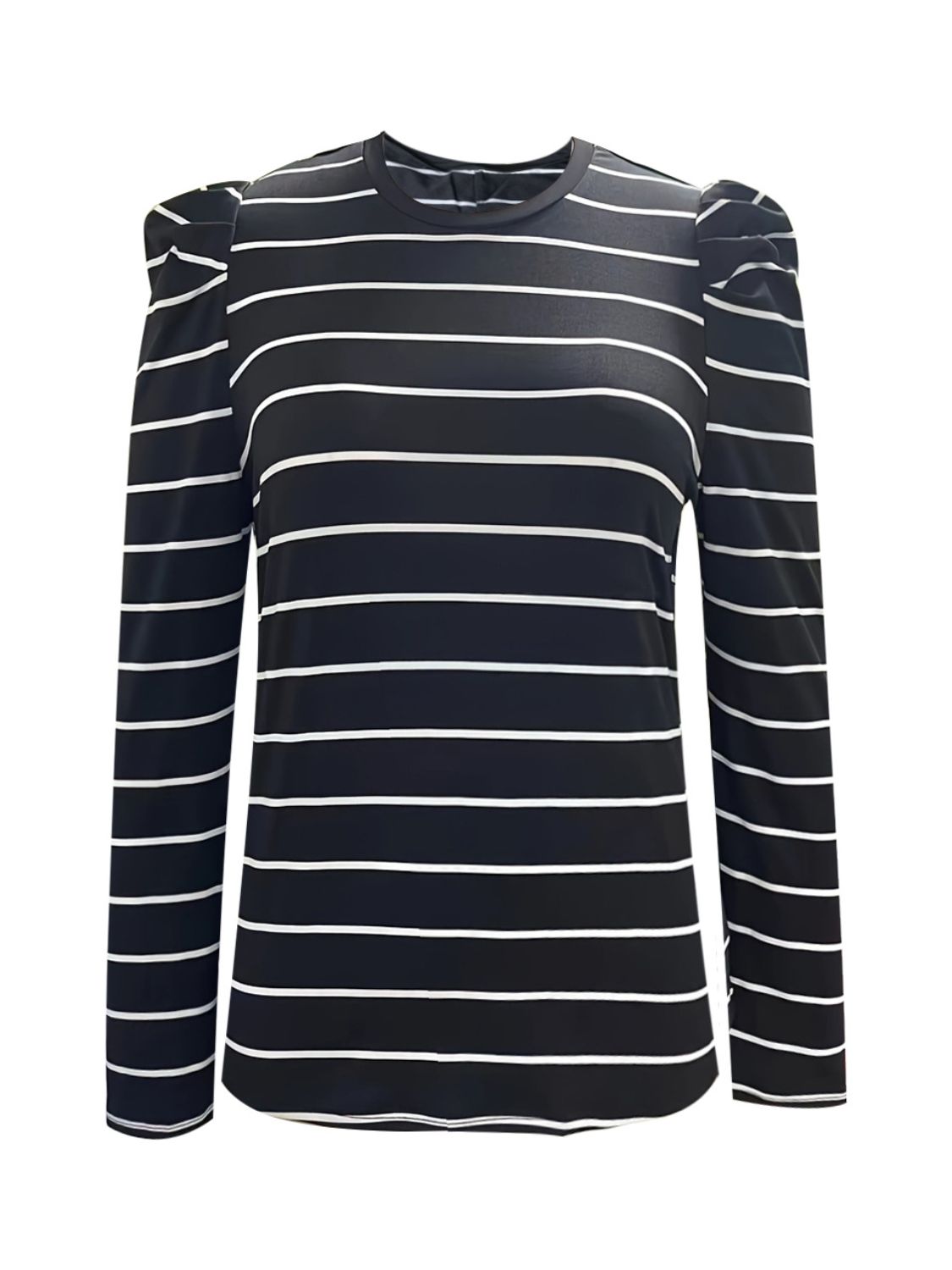 Blue Zone Planet | Full Size Striped Round Neck Puff Sleeve T-Shirt-TOPS / DRESSES-[Adult]-[Female]-2022 Online Blue Zone Planet