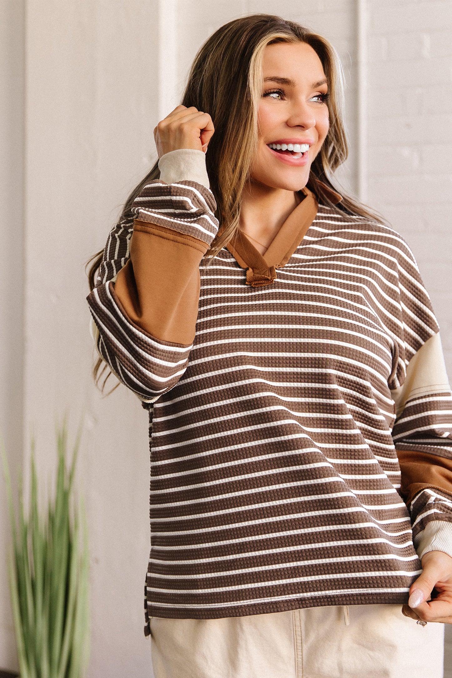 Brown Stripe Collar V Neck Color Block Detail Long Sleeve Pullover Top-Tops/Long Sleeve Tops-[Adult]-[Female]-2022 Online Blue Zone Planet