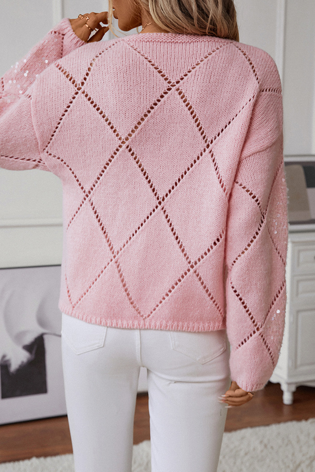 Light Pink Hollowed Rhombus Pattern Sequin Detail Round Neck Sweater-Sweaters & Cardigans/Sweaters-[Adult]-[Female]-2022 Online Blue Zone Planet