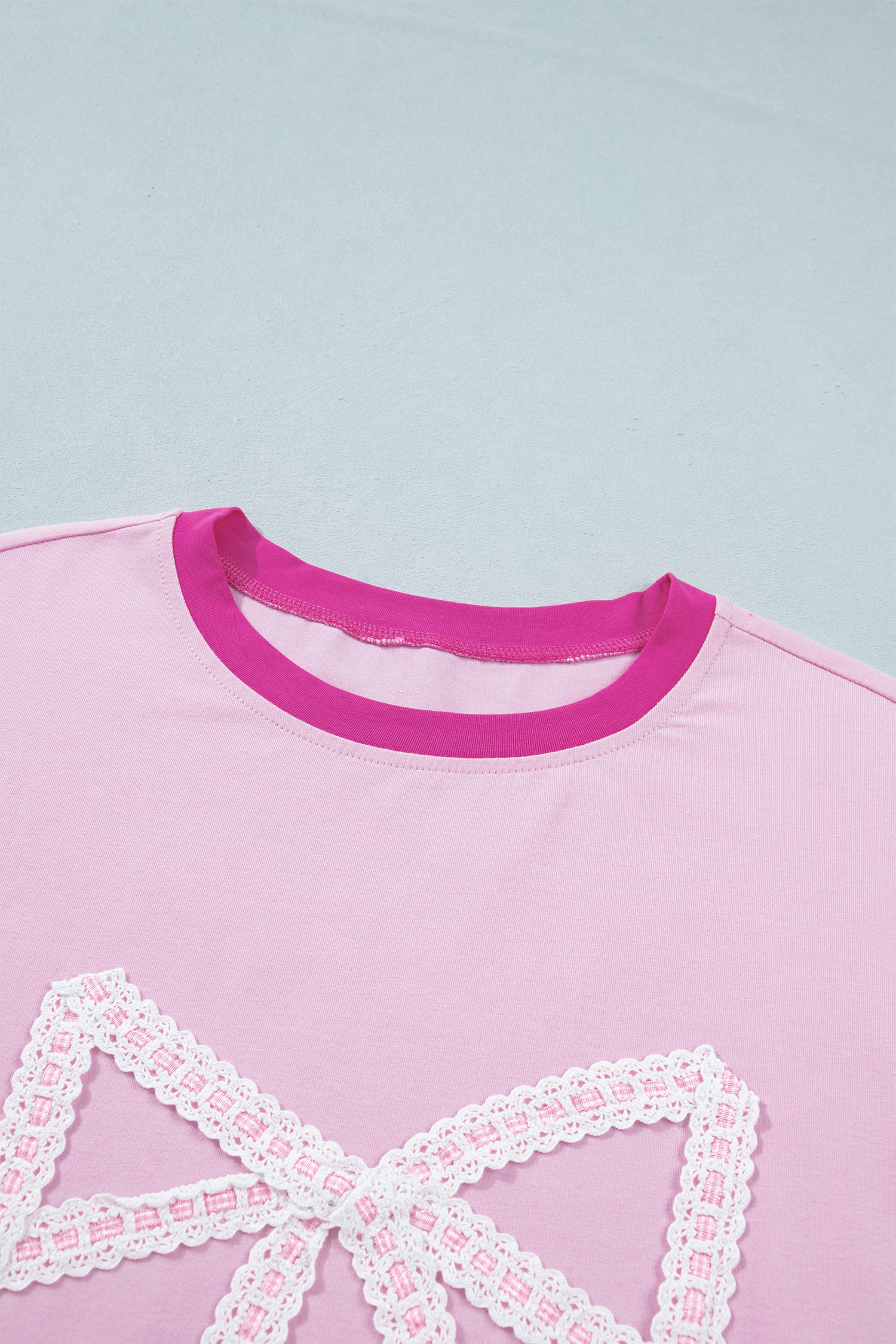Gossamer Pink Embroidered Bow Detail Color Block Loose Tee-Tops/Tops & Tees-[Adult]-[Female]-2022 Online Blue Zone Planet