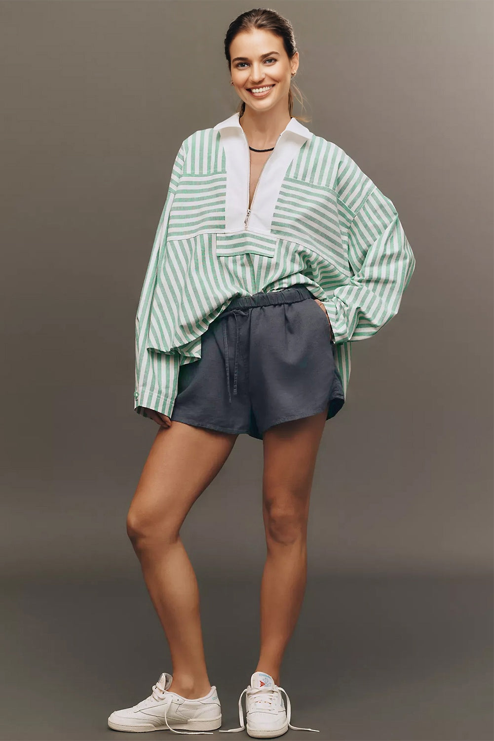 Green Stripe Half Zip Long Sleeve Swing Top-Tops/Blouses & Shirts-[Adult]-[Female]-2022 Online Blue Zone Planet