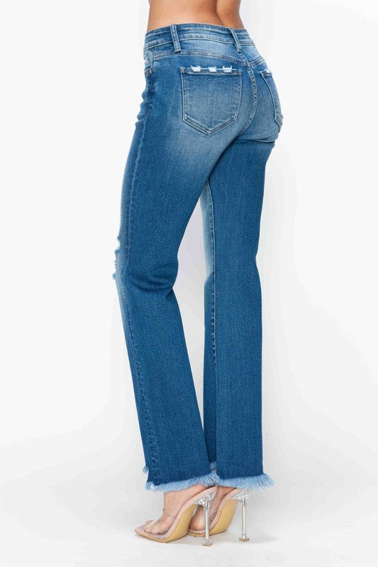 Blue Zone Planet | bytos Full Size Raw Hem Distressed Mid Rise Straight Jeans-BOTTOMS SIZES SMALL MEDIUM LARGE-[Adult]-[Female]-2022 Online Blue Zone Planet