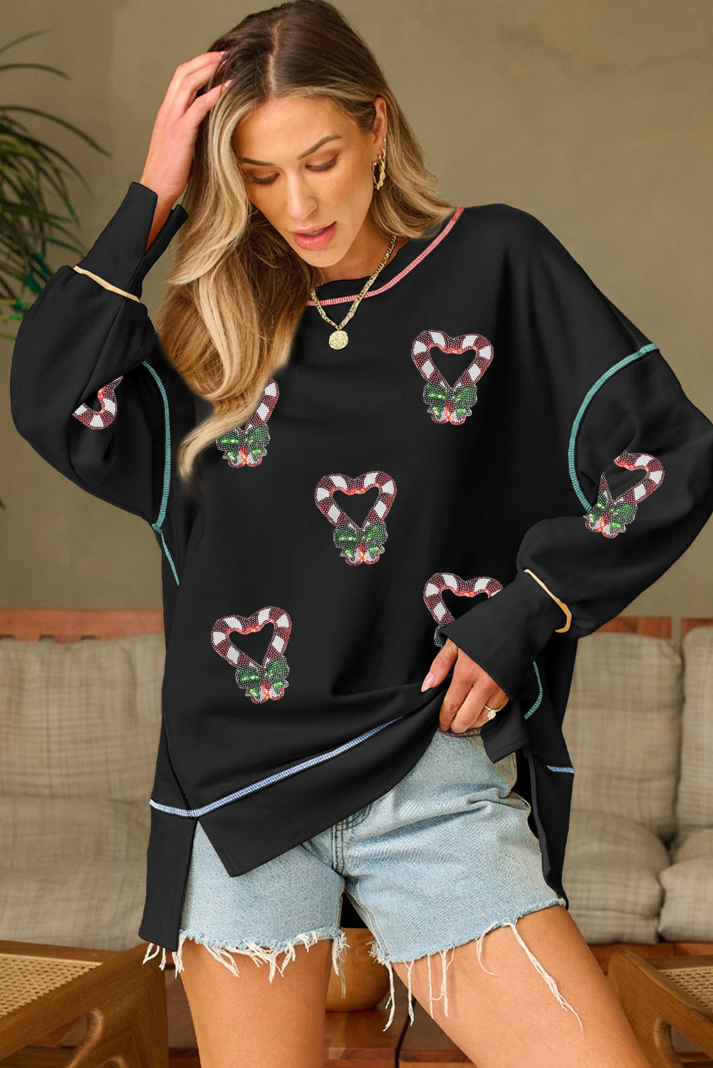 Black Christmas Candy Cane Heart Sequin Patch Graphic Contrast Seam Baggy Sweatshirt-Graphic Sweatshirts-[Adult]-[Female]-2022 Online Blue Zone Planet
