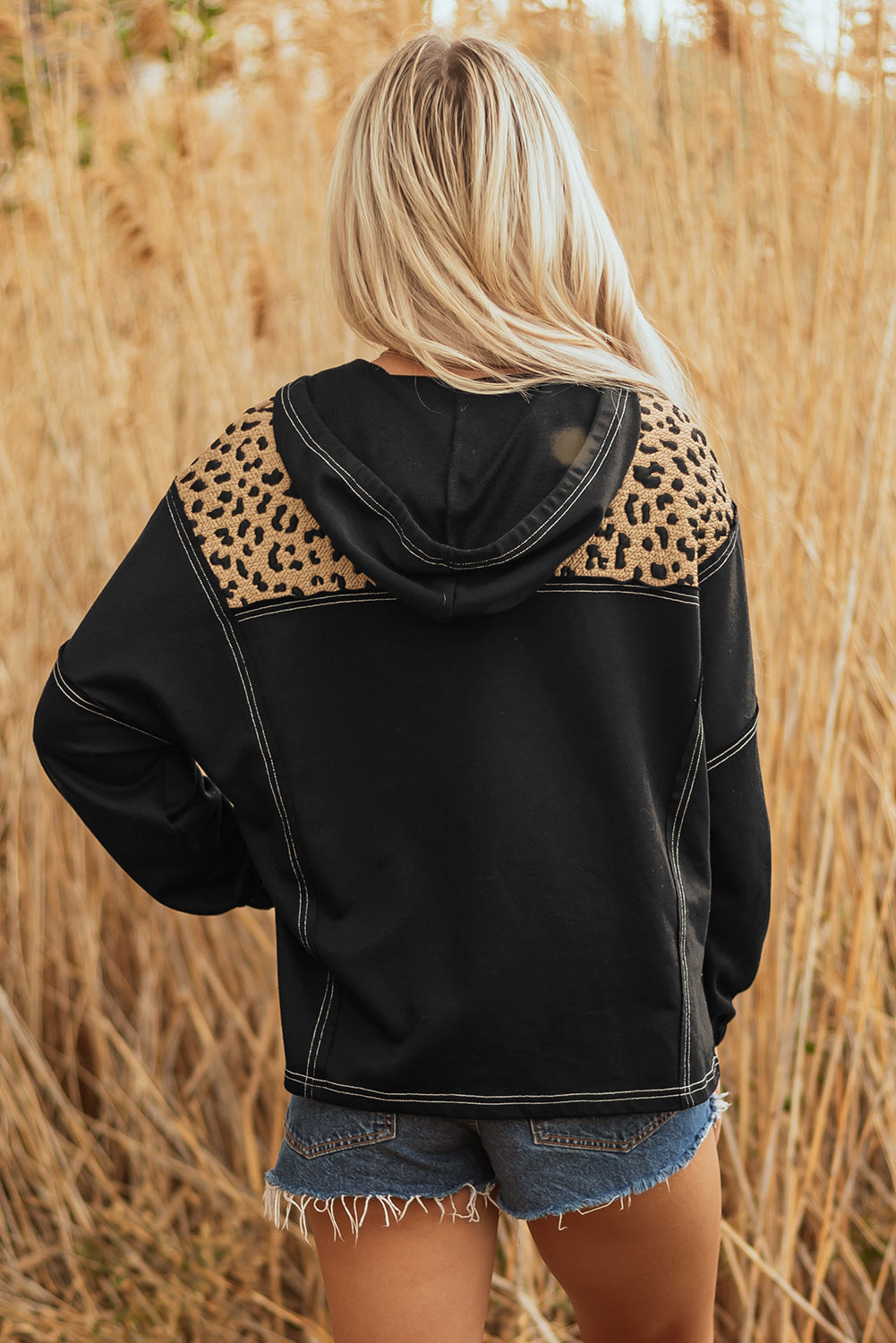 Brown Leopard Patchwork Contrast Stitching Knotted Cuff Quarter Zip Hoodie-Tops/Sweatshirts & Hoodies-[Adult]-[Female]-2022 Online Blue Zone Planet
