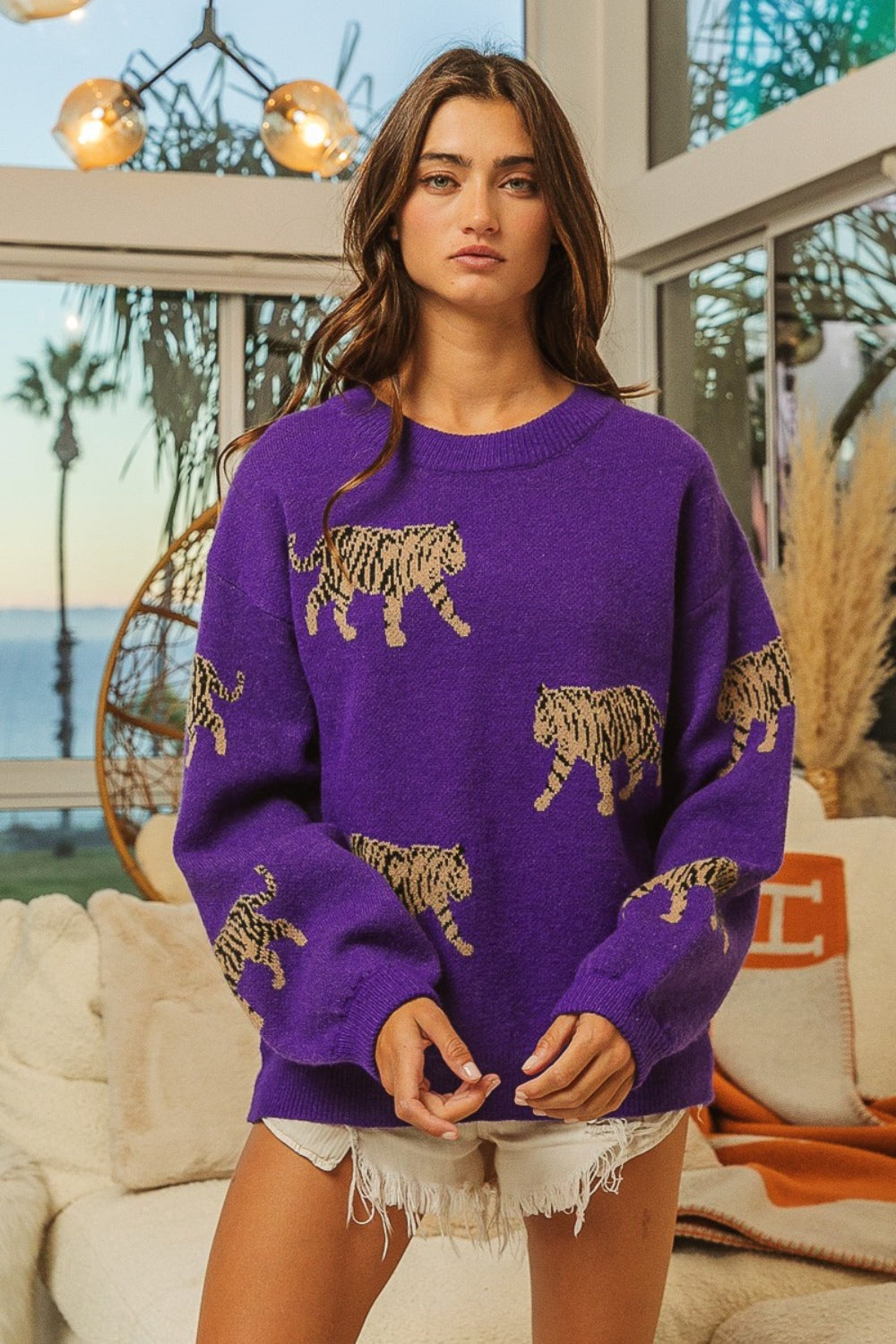 BiBi Tiger Pattern Long Sleeve Sweater-TOPS / DRESSES-[Adult]-[Female]-2022 Online Blue Zone Planet