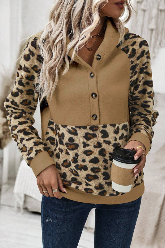 Light French Beige Leopard Print Patchwork Raglan Sleeve Half Buttons Hoodie-Tops/Sweatshirts & Hoodies-[Adult]-[Female]-Light French Beige-S-2022 Online Blue Zone Planet