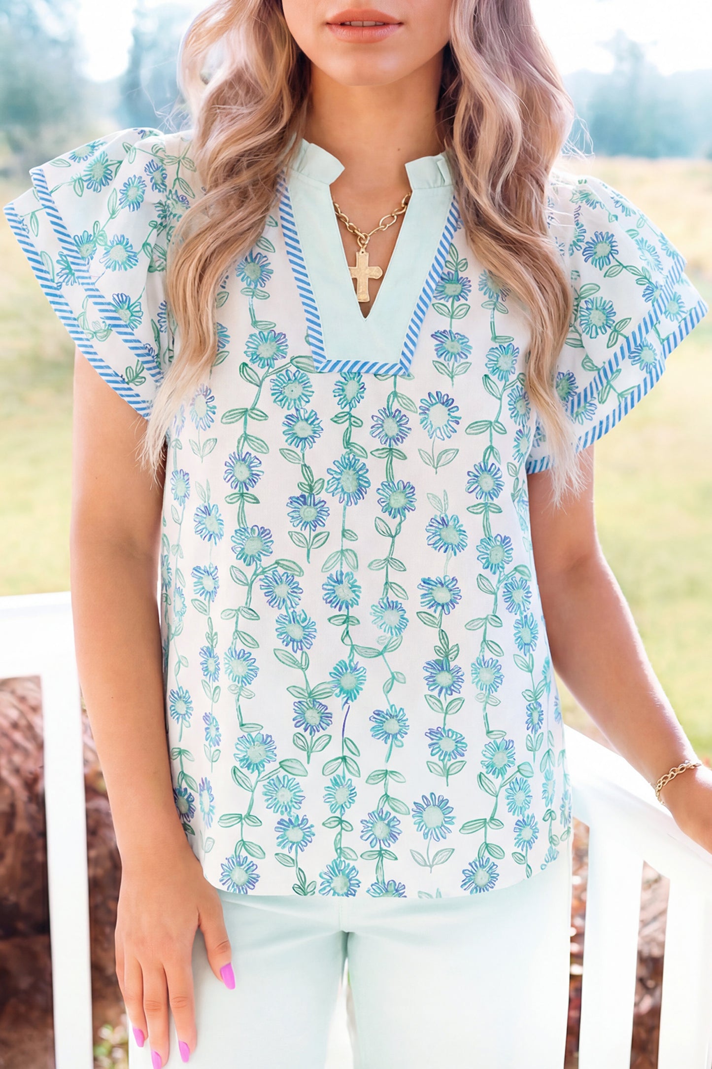 Green Floral Print Striped Detail Contrast V Neck Patchwork Flutter Sleeve Blouse-Tops/Blouses & Shirts-[Adult]-[Female]-2022 Online Blue Zone Planet