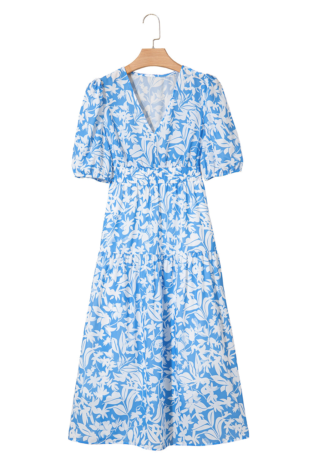 Sky Blue Floral V Neck Puff Short Sleeve Flowy Long Dress-TOPS / DRESSES-[Adult]-[Female]-2022 Online Blue Zone Planet