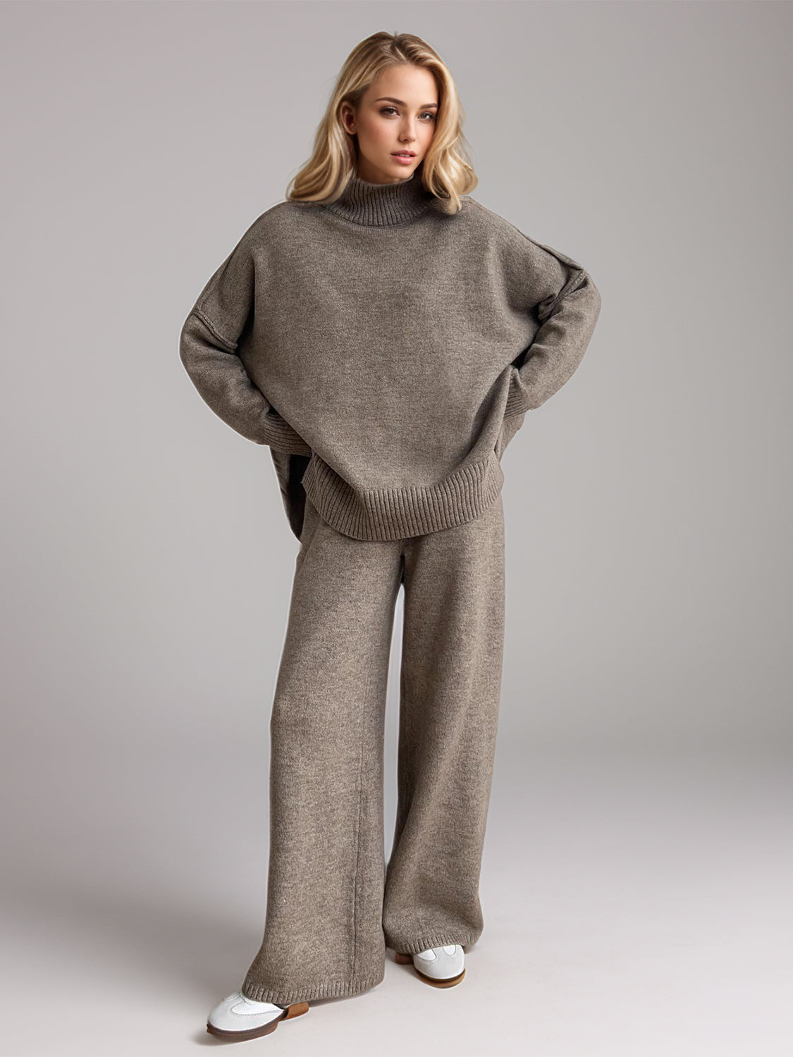 Slit Turtleneck Long Sleeve Top and Pants Sweater Set-TOPS / DRESSES-[Adult]-[Female]-2022 Online Blue Zone Planet