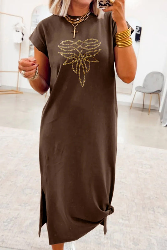 Red Sandalwood Rhinestone Western Graphic Side Slit Midi T-Shirt Dress-TOPS / DRESSES-[Adult]-[Female]-Red Sandalwood-S-2022 Online Blue Zone Planet
