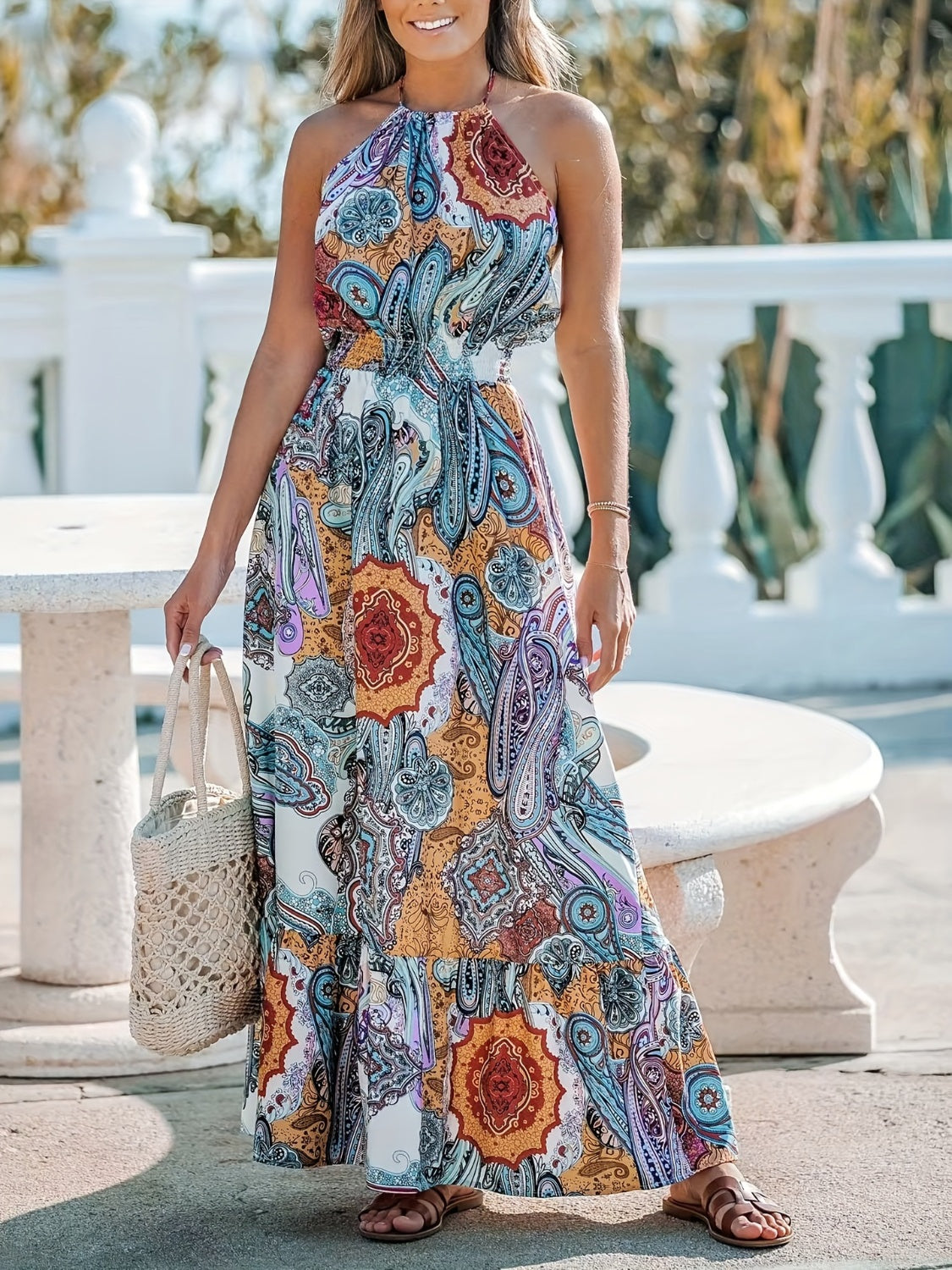 Blue Zone Planet | Printed Halter Neck Maxi Dress-TOPS / DRESSES-[Adult]-[Female]-Pastel Blue-S-2022 Online Blue Zone Planet