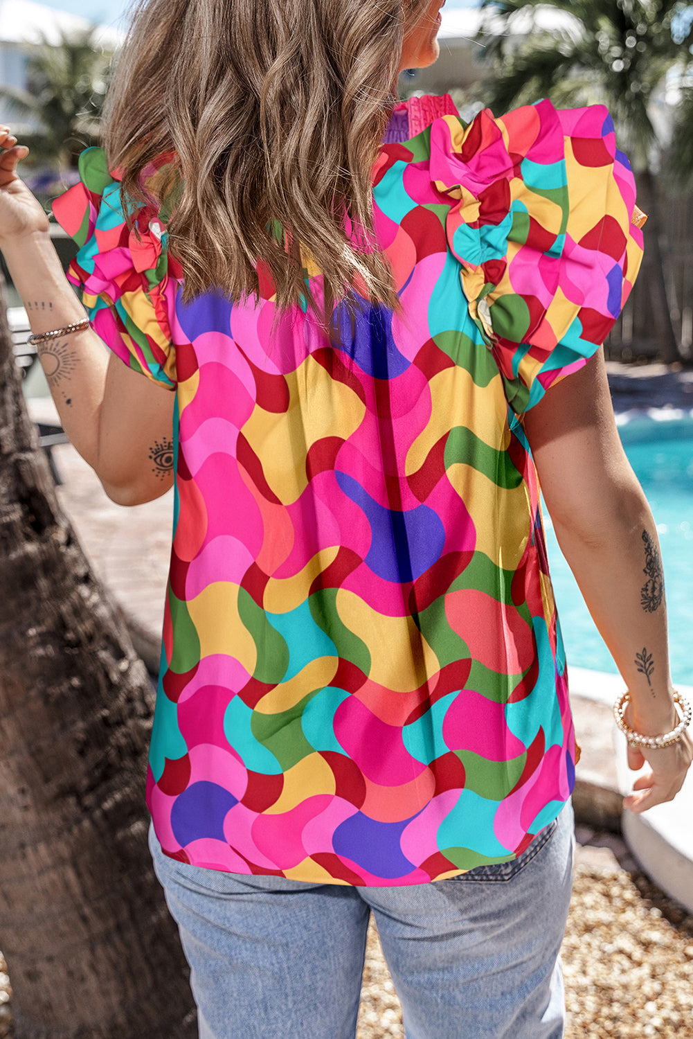 Rose Red Dramatic Ruffle Sleeve Smock Neck Wavy Print Top-Tops/Blouses & Shirts-[Adult]-[Female]-2022 Online Blue Zone Planet