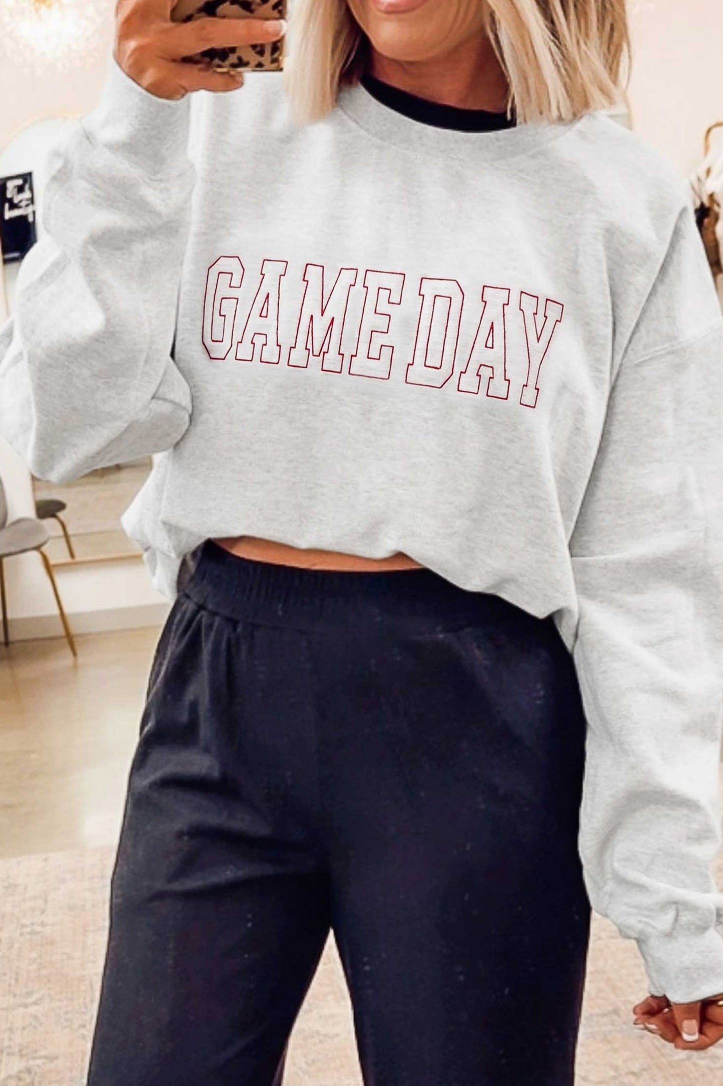 Light Grey Game Day Letter Embroidery Long Sleeve Round Neck Sweatshirt-Tops/Sweatshirts & Hoodies-[Adult]-[Female]-2022 Online Blue Zone Planet