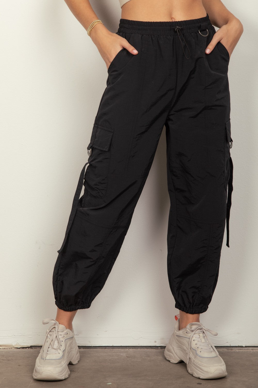 Blue Zone Planet | VERY J Elastic Waist Woven Cargo Pants-TOPS / DRESSES-[Adult]-[Female]-Black-S-2022 Online Blue Zone Planet